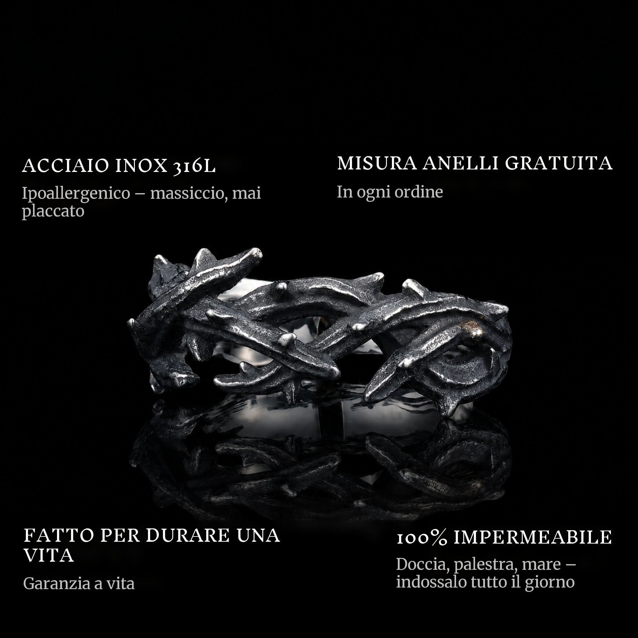 Thorn Crown ring features: 316L stainless steel, free ring sizer in every order, 100% waterproof, lifetime guarantee
