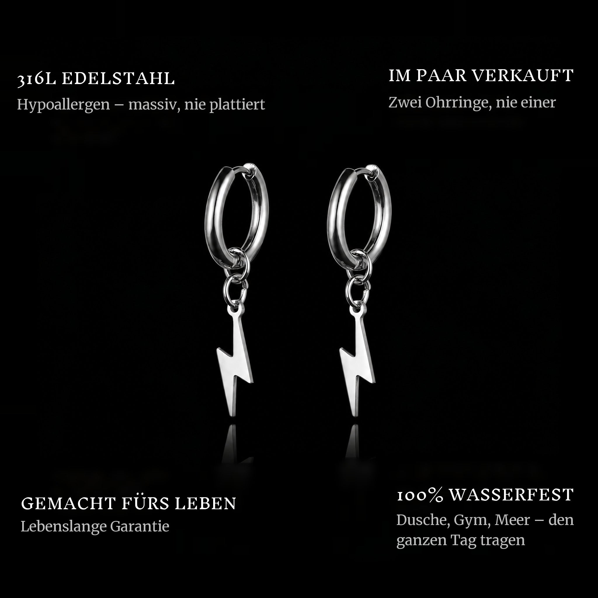 Thunder Strike features: 316L stainless steel, sold as a pair, 100% waterproof, lifetime guarantee