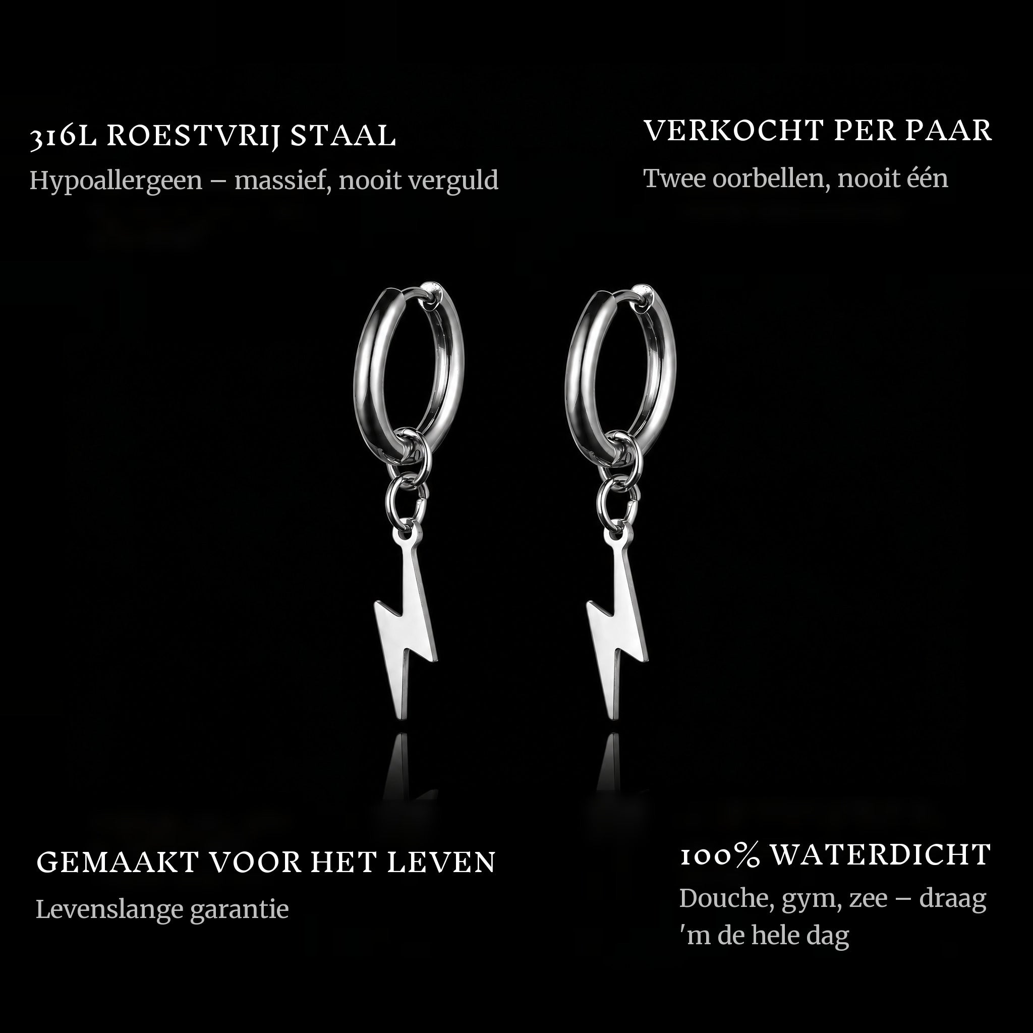 Thunder Strike features: 316L stainless steel, sold as a pair, 100% waterproof, lifetime guarantee