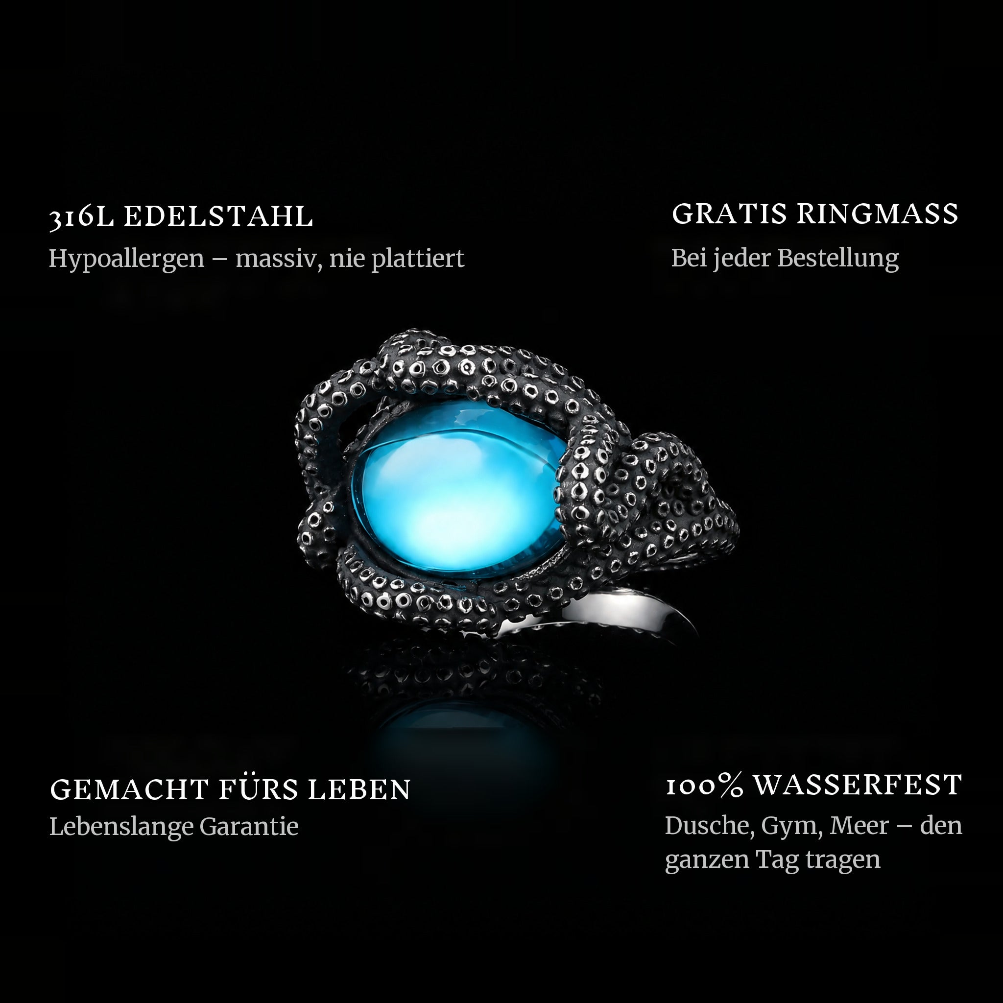 Tidal Embrace ring features: 316L stainless steel, free ring sizer in every order, 100% waterproof, lifetime guarantee