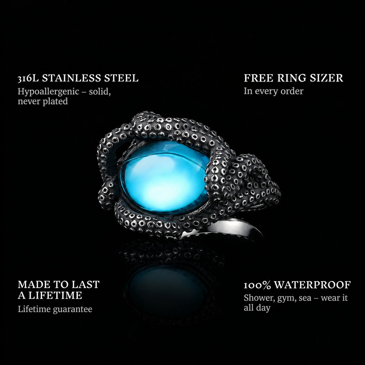 Tidal Embrace ring features: 316L stainless steel, free ring sizer in every order, 100% waterproof, lifetime guarantee