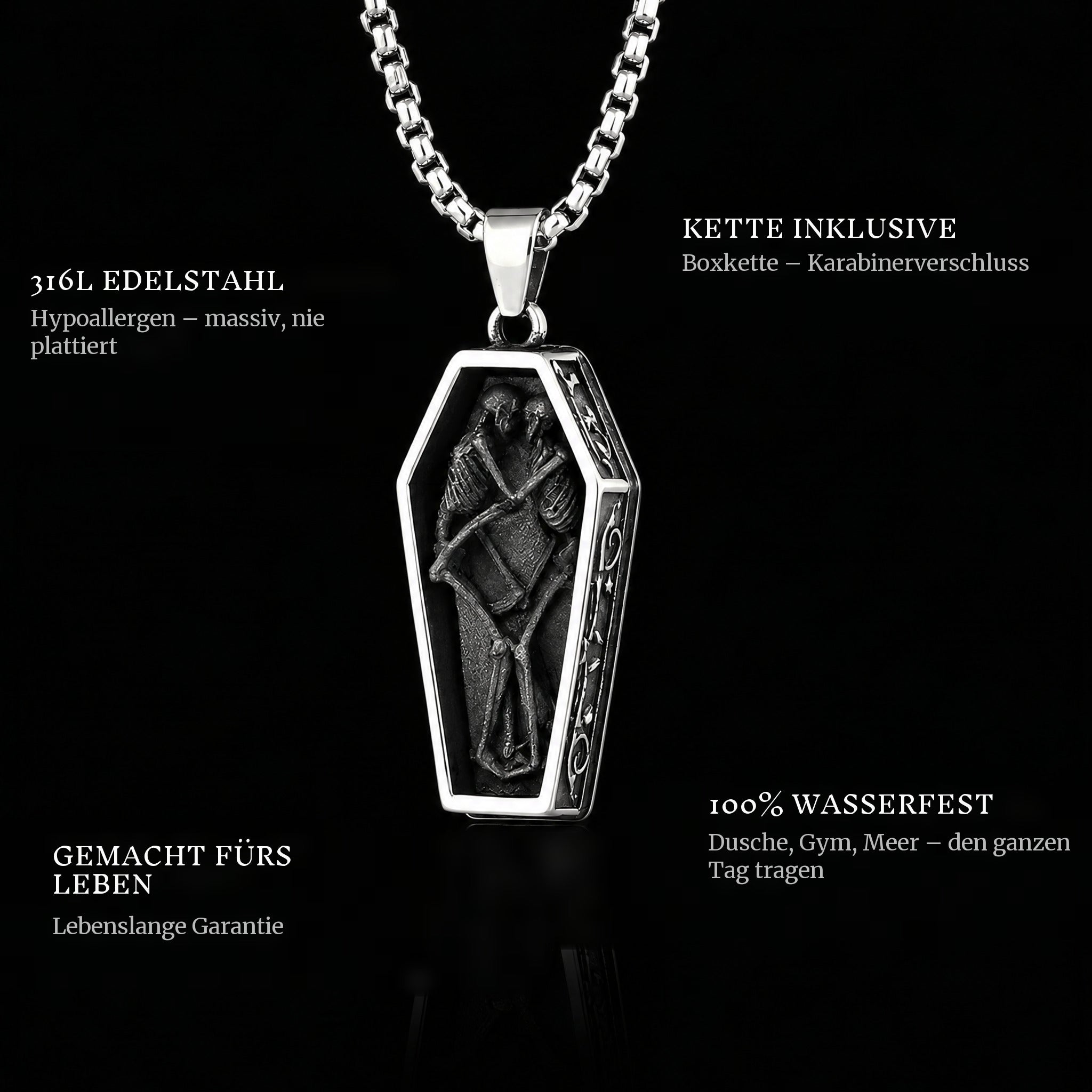 Together Forever pendant features: 316L stainless steel, chain included, 100% waterproof, lifetime guarantee