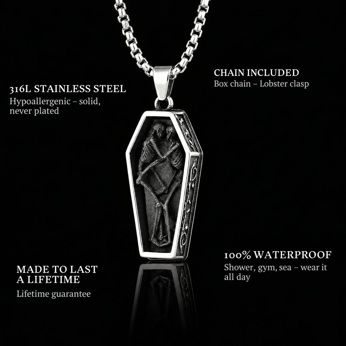 Together Forever pendant features: 316L stainless steel, chain included, 100% waterproof, lifetime guarantee