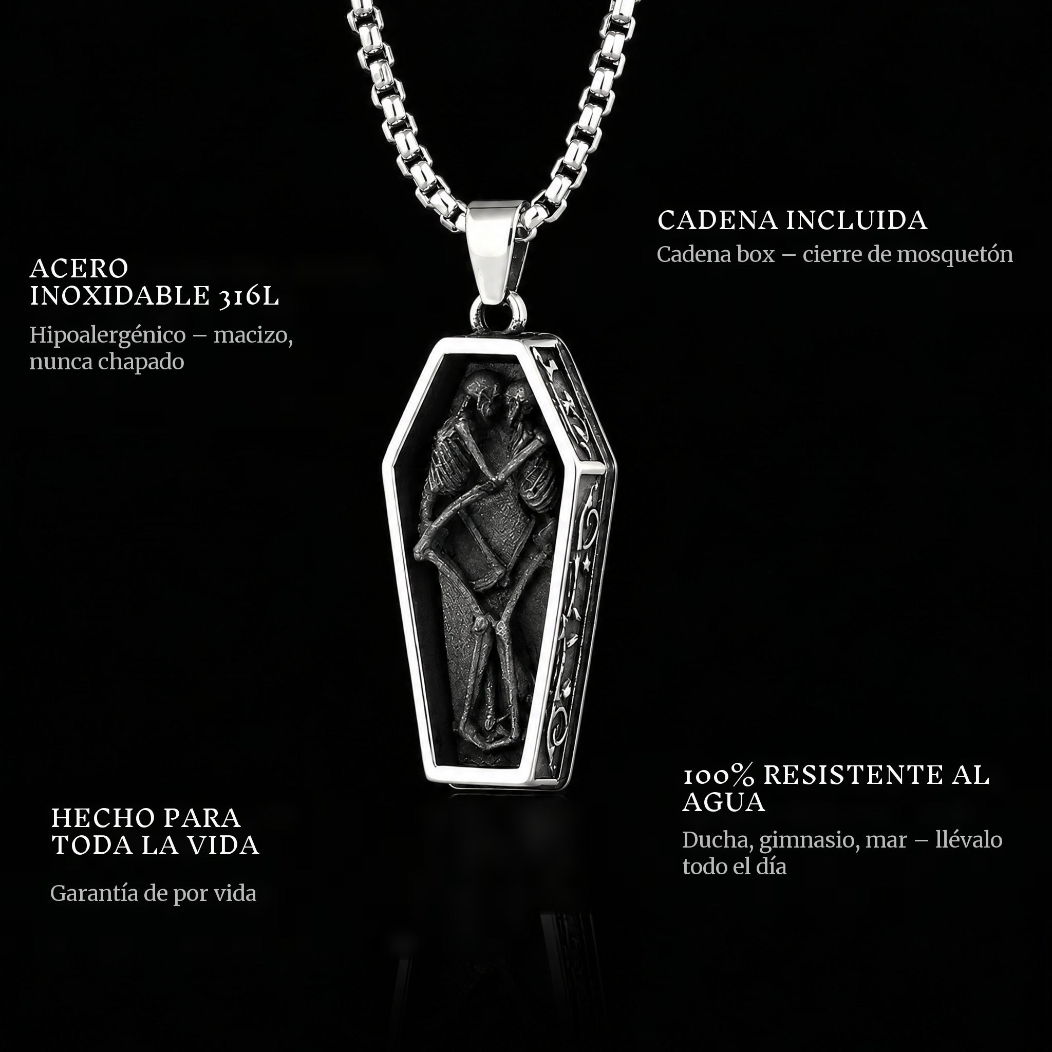 Together Forever pendant features: 316L stainless steel, chain included, 100% waterproof, lifetime guarantee