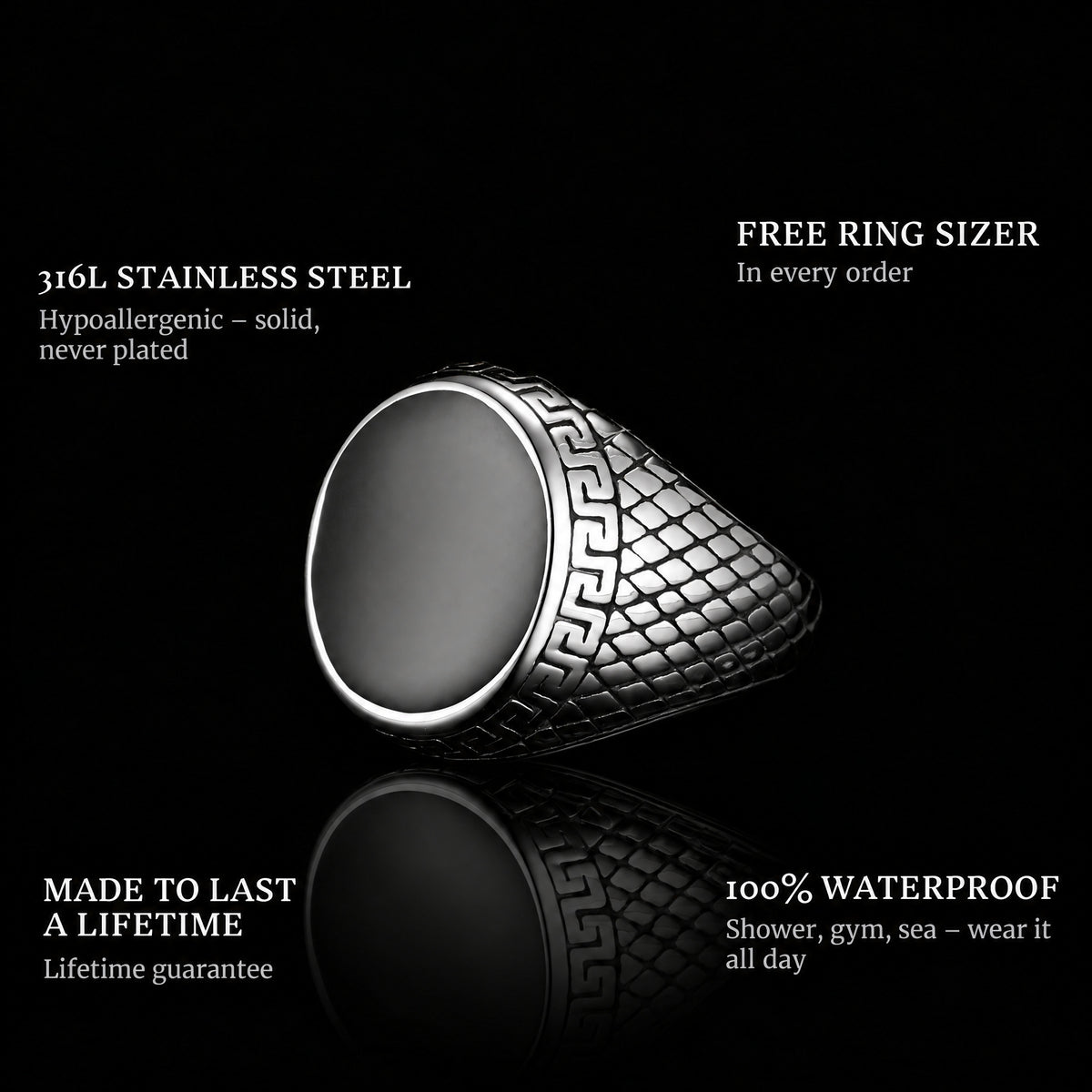 Traveler ring features: 316L stainless steel, free ring sizer in every order, 100% waterproof, lifetime guarantee
