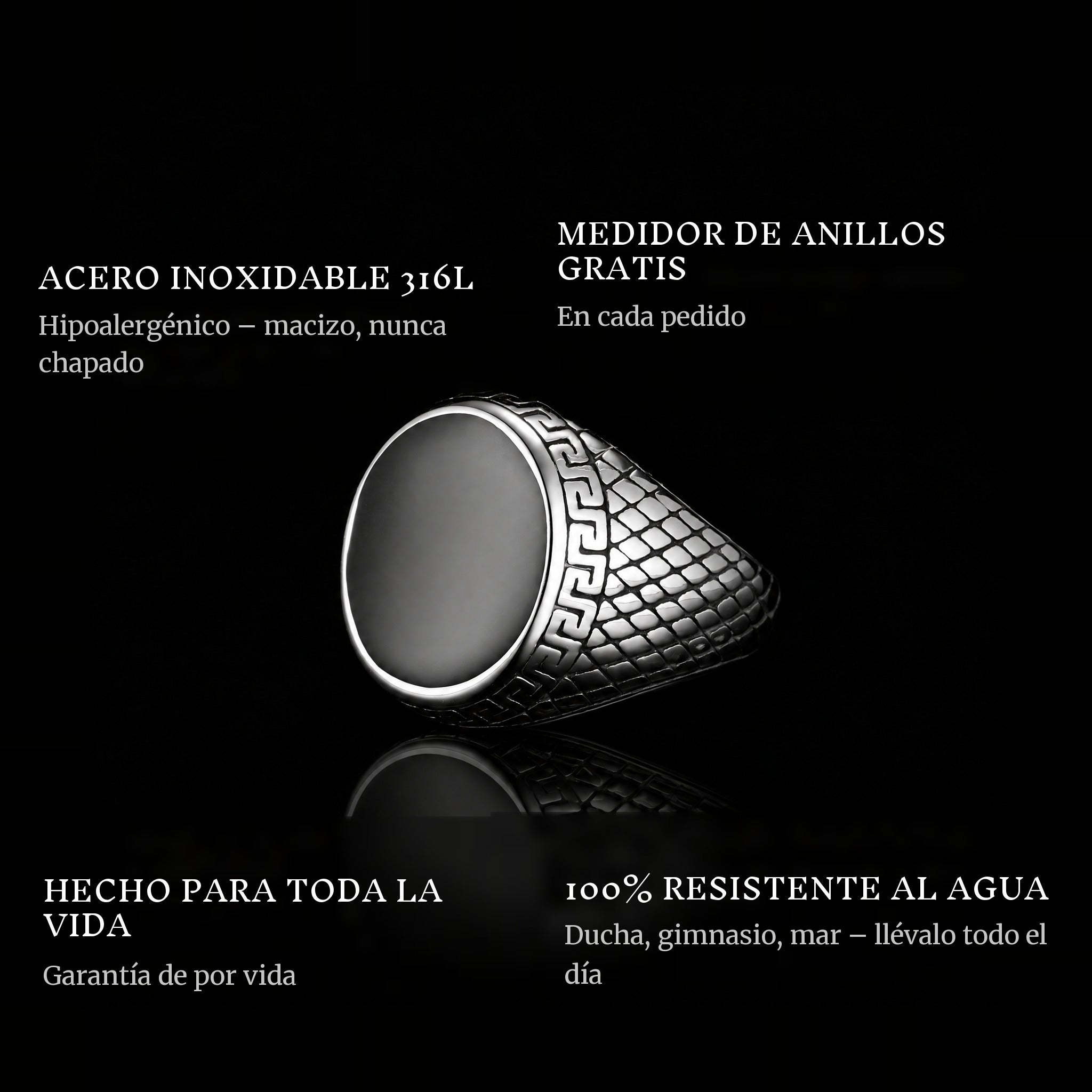 Traveler ring features: 316L stainless steel, free ring sizer in every order, 100% waterproof, lifetime guarantee