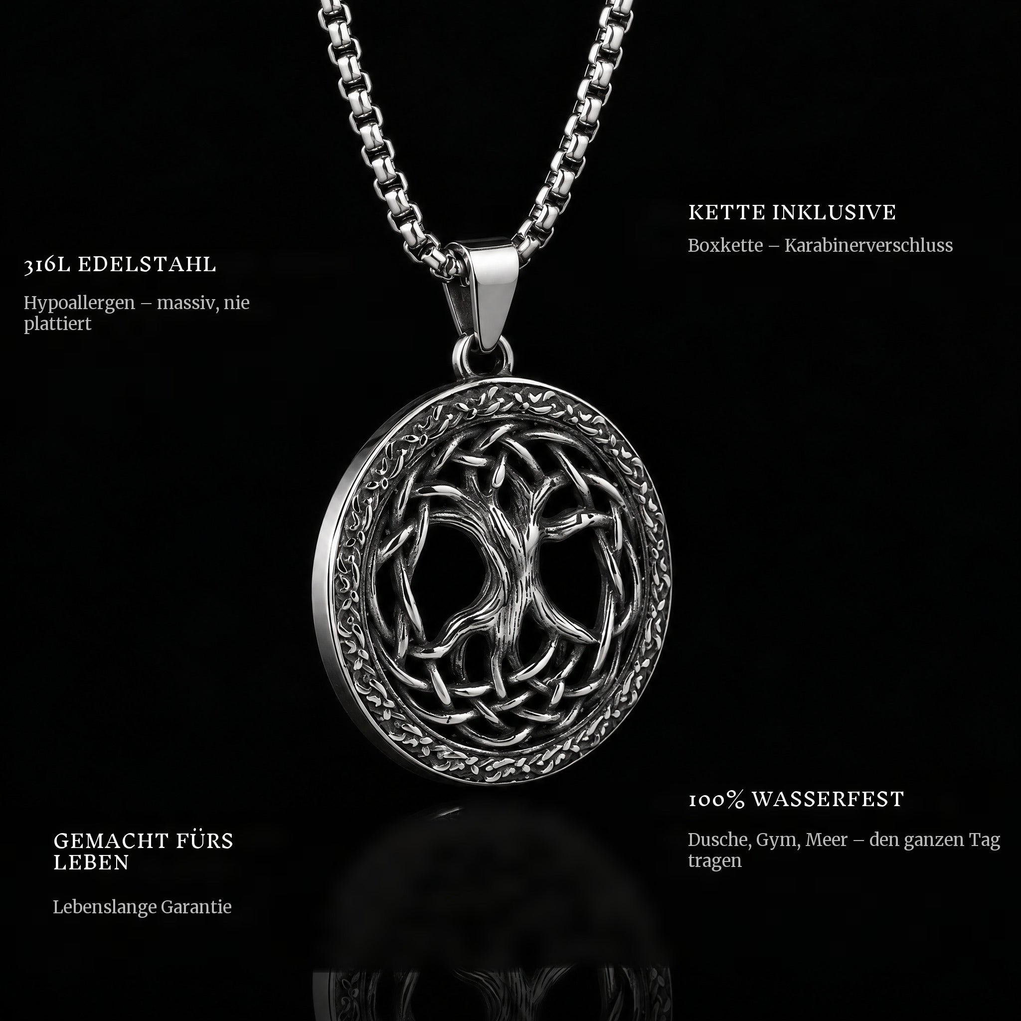 Tree Of Life pendant features: 316L stainless steel, chain included, 100% waterproof, lifetime guarantee