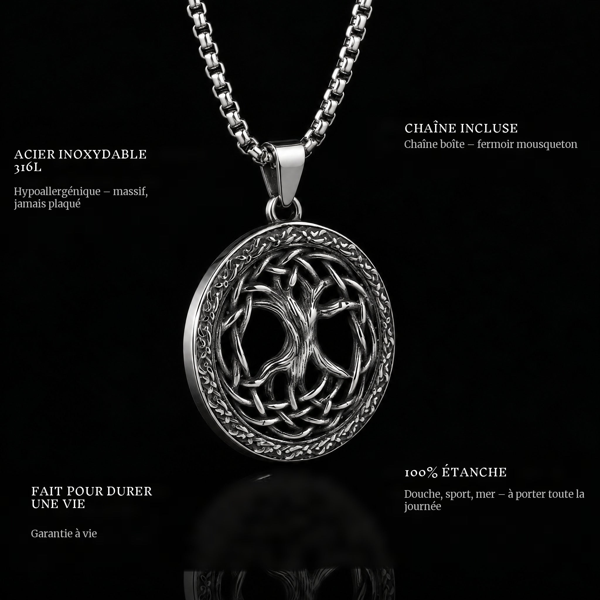 Tree Of Life pendant features: 316L stainless steel, chain included, 100% waterproof, lifetime guarantee