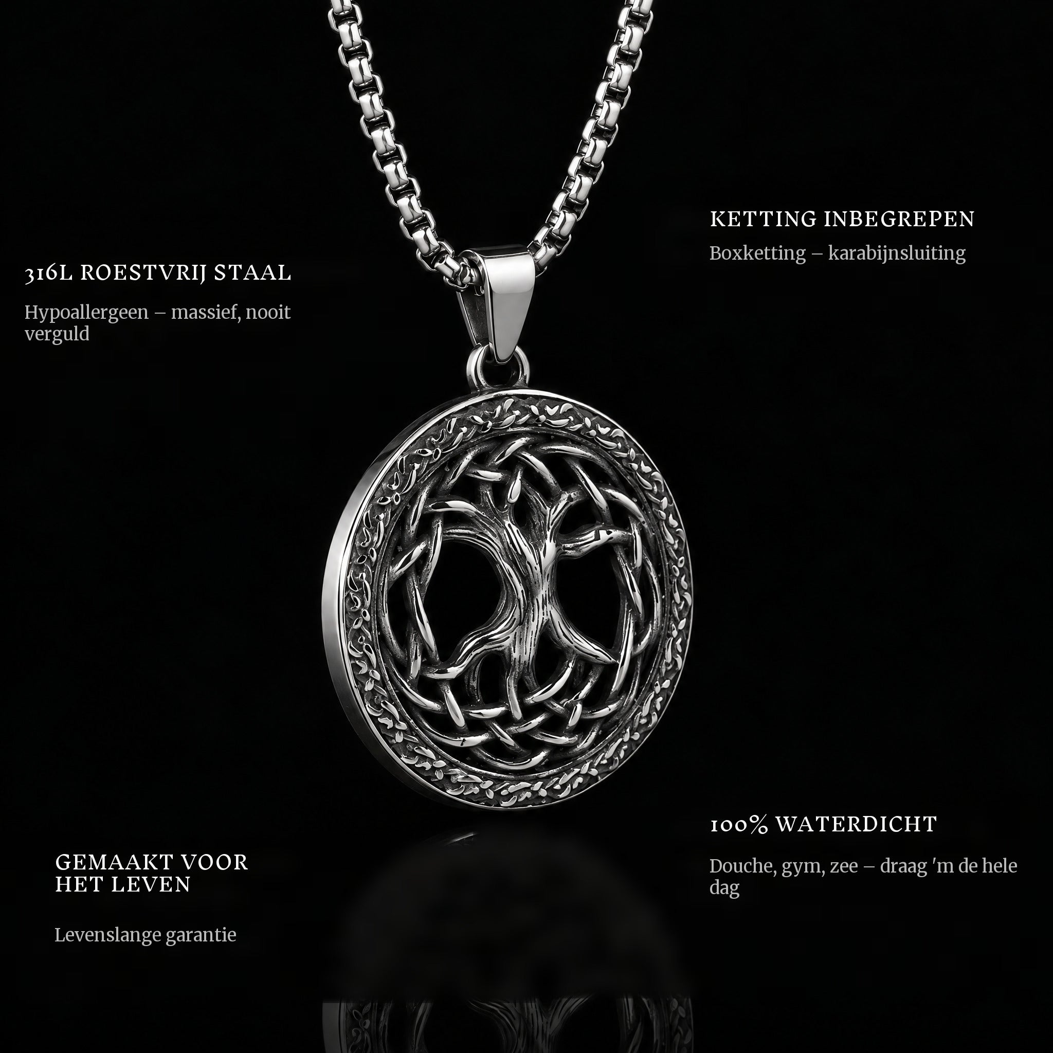 Tree Of Life pendant features: 316L stainless steel, chain included, 100% waterproof, lifetime guarantee