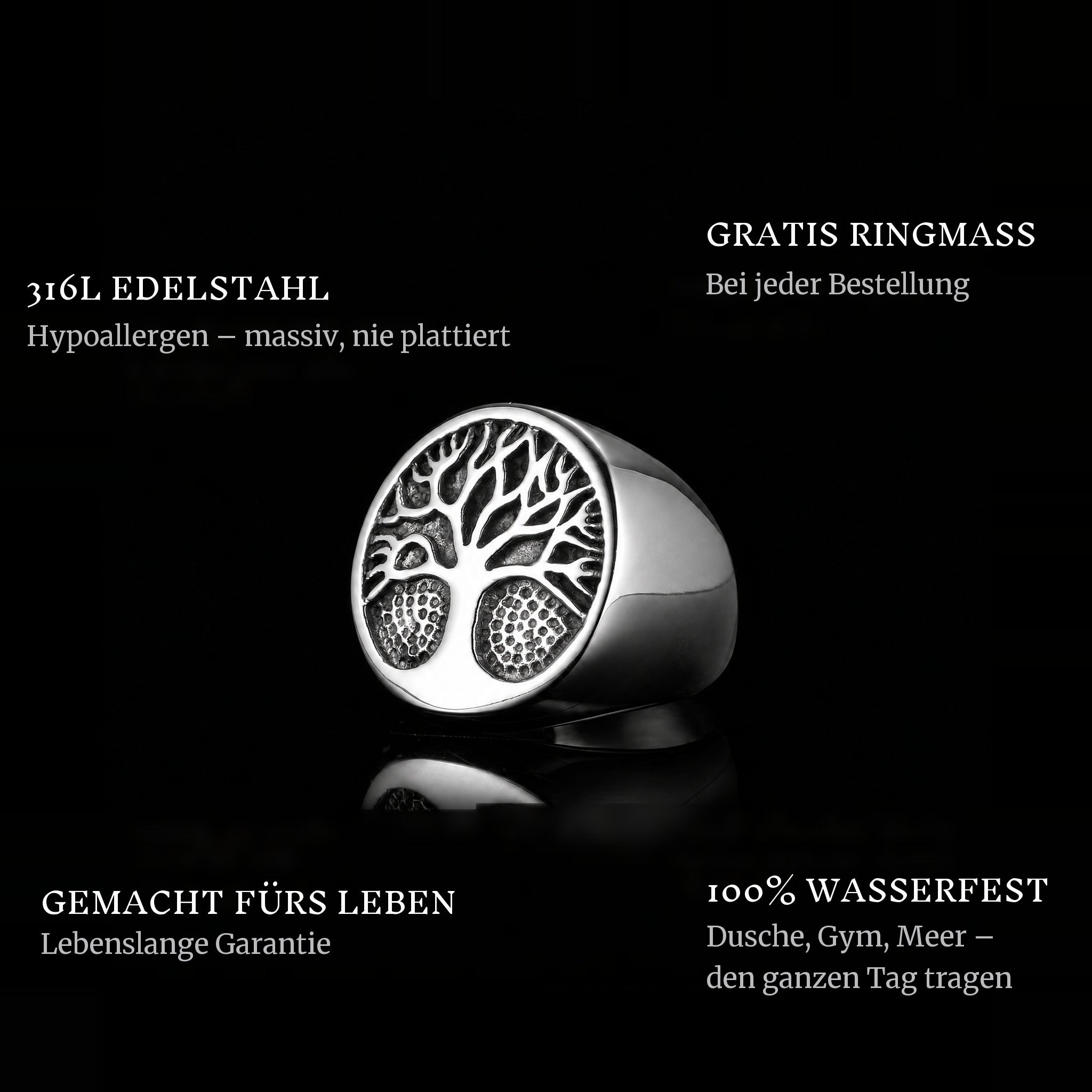 Tree Of Life ring features: 316L stainless steel, free ring sizer in every order, 100% waterproof, lifetime guarantee