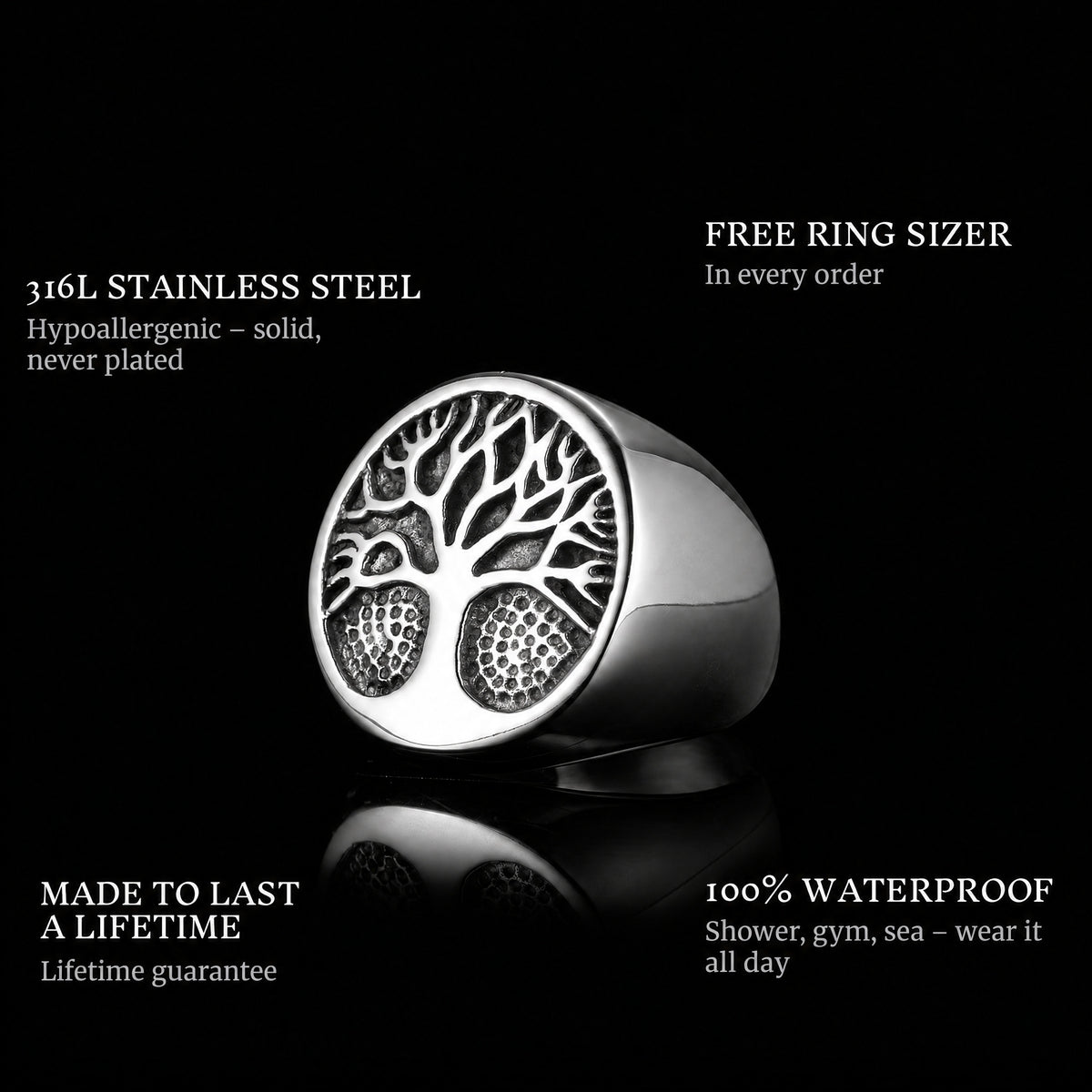 Tree Of Life ring features: 316L stainless steel, free ring sizer in every order, 100% waterproof, lifetime guarantee