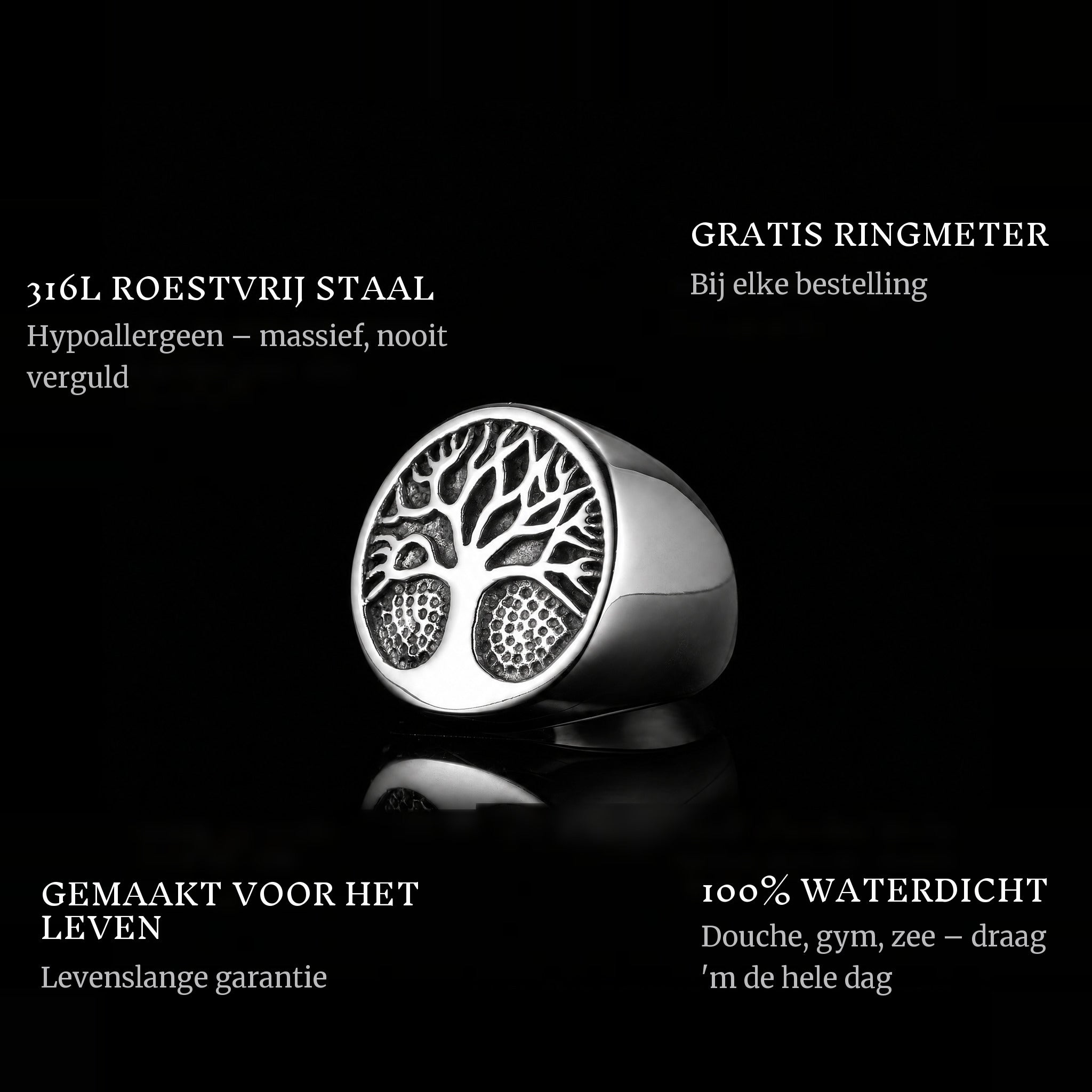 Tree Of Life ring features: 316L stainless steel, free ring sizer in every order, 100% waterproof, lifetime guarantee