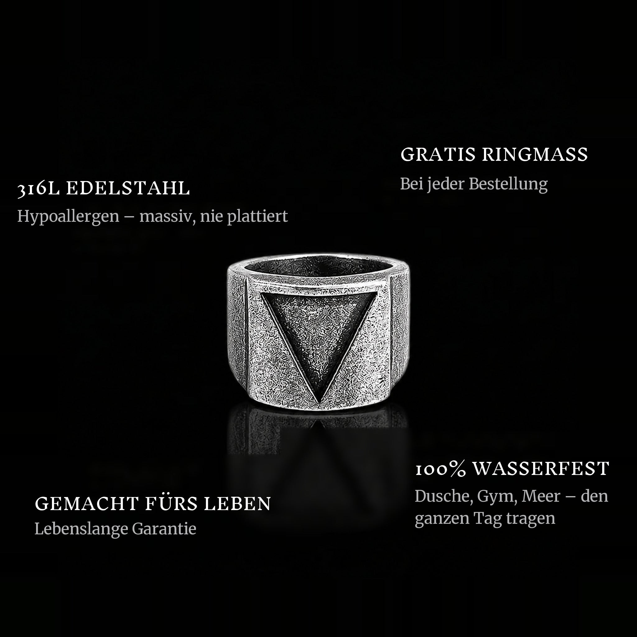 Triangle ring features: 316L stainless steel, free ring sizer in every order, 100% waterproof, lifetime guarantee