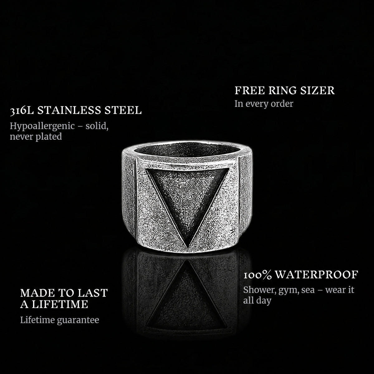 Triangle ring features: 316L stainless steel, free ring sizer in every order, 100% waterproof, lifetime guarantee