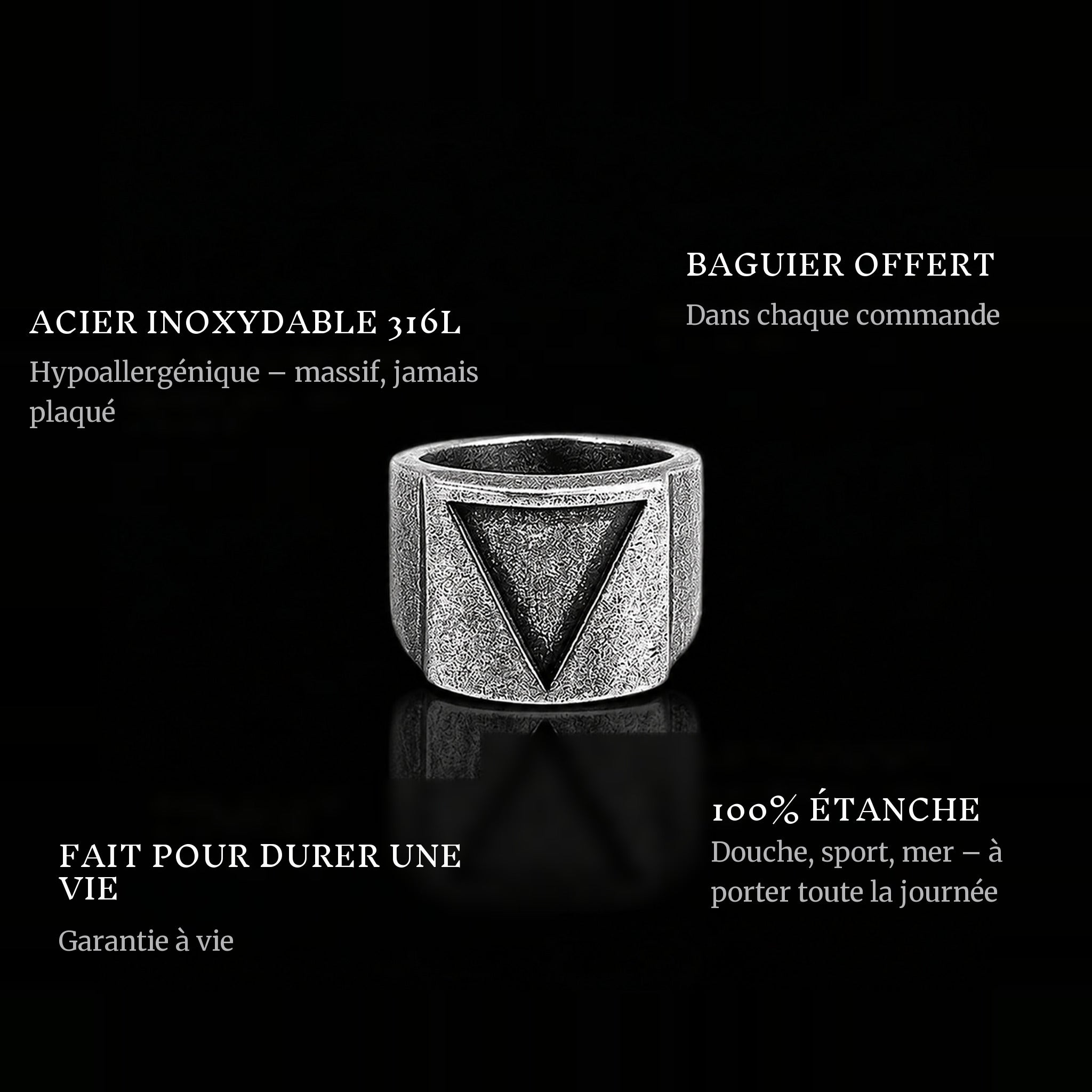 Triangle ring features: 316L stainless steel, free ring sizer in every order, 100% waterproof, lifetime guarantee