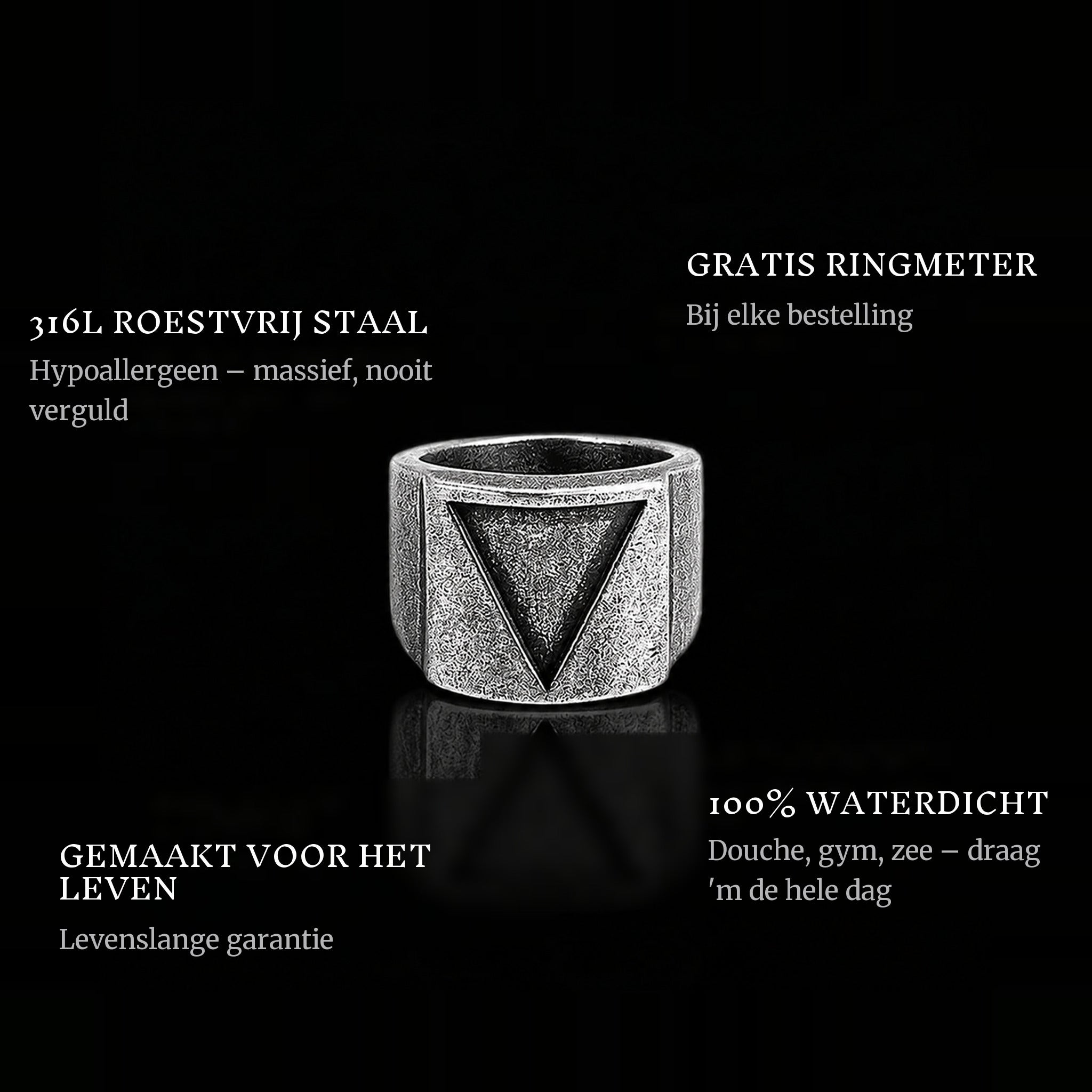 Triangle ring features: 316L stainless steel, free ring sizer in every order, 100% waterproof, lifetime guarantee