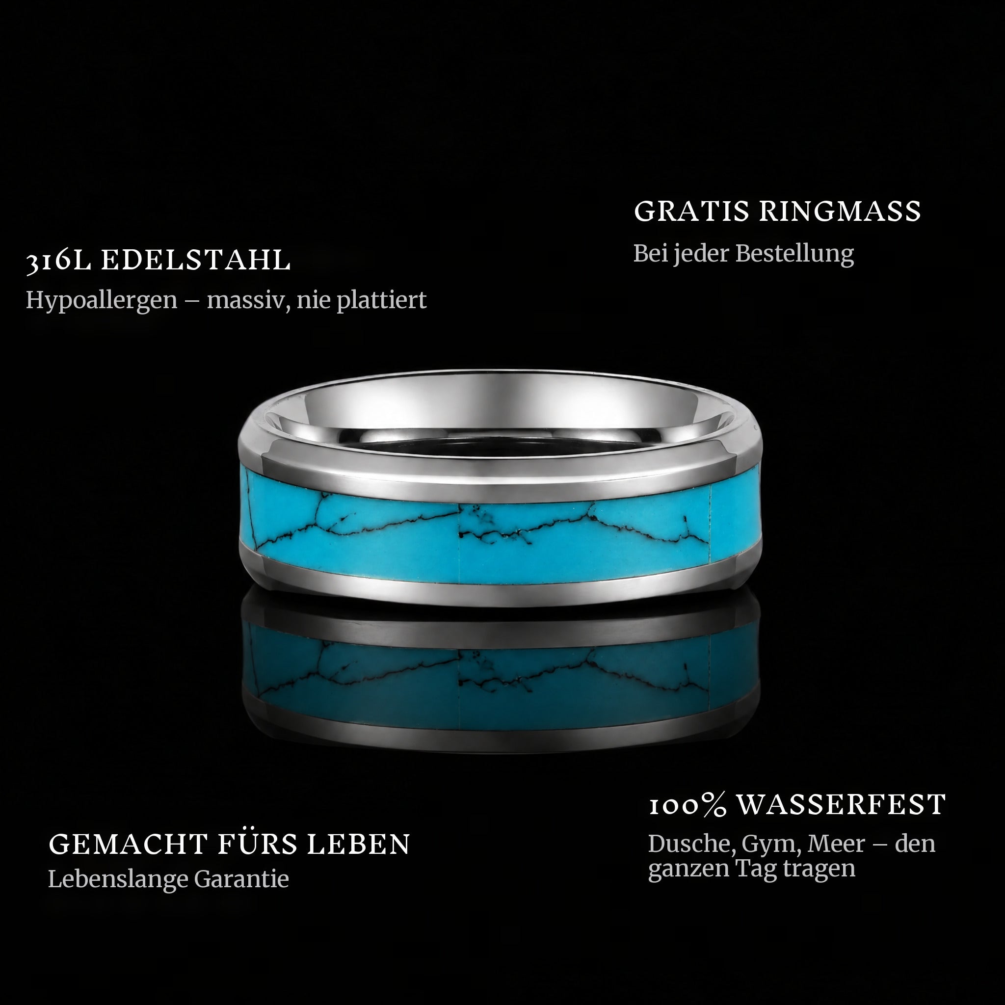 Turquoise Band ring features: 316L stainless steel, free ring sizer in every order, 100% waterproof, lifetime guarantee