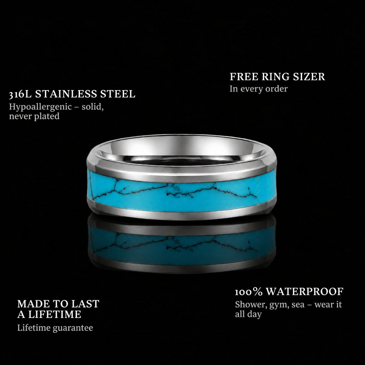 Turquoise Band ring features: 316L stainless steel, free ring sizer in every order, 100% waterproof, lifetime guarantee