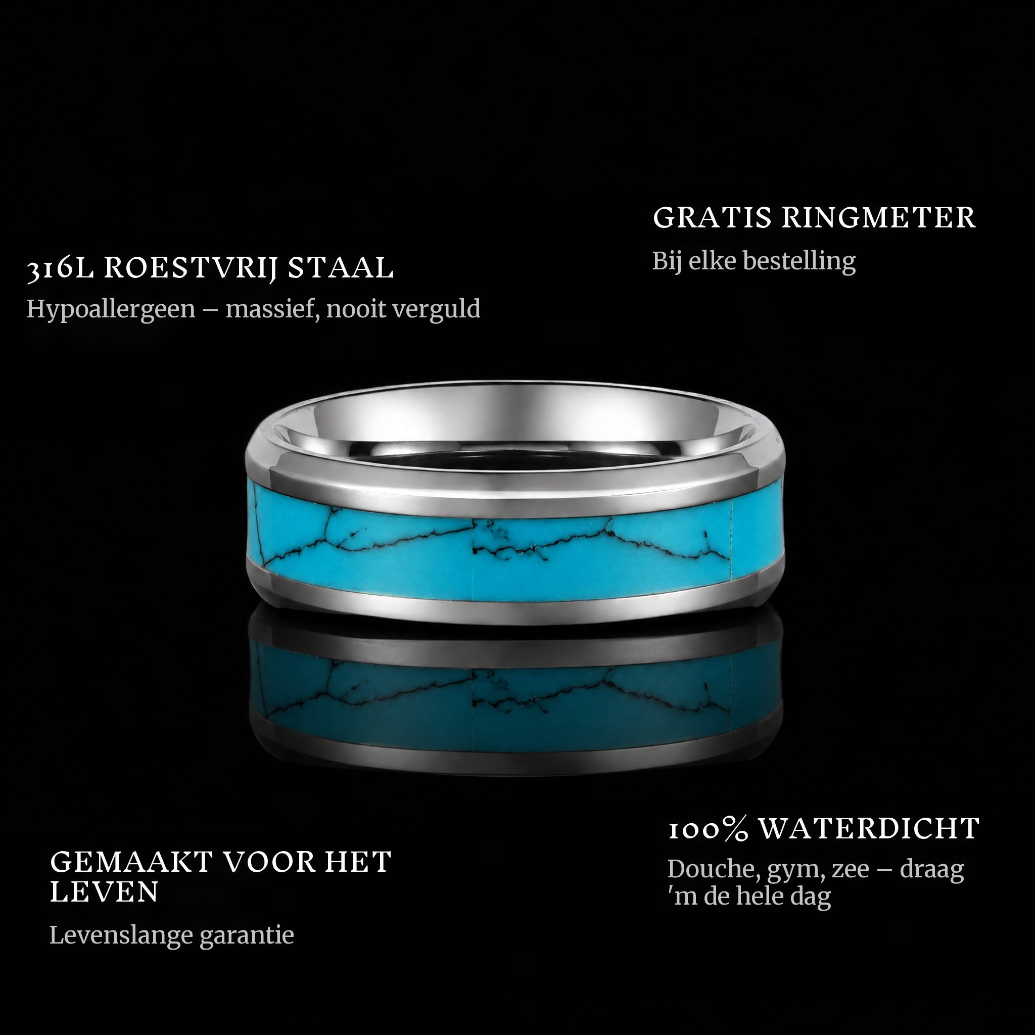 Turquoise Band ring features: 316L stainless steel, free ring sizer in every order, 100% waterproof, lifetime guarantee