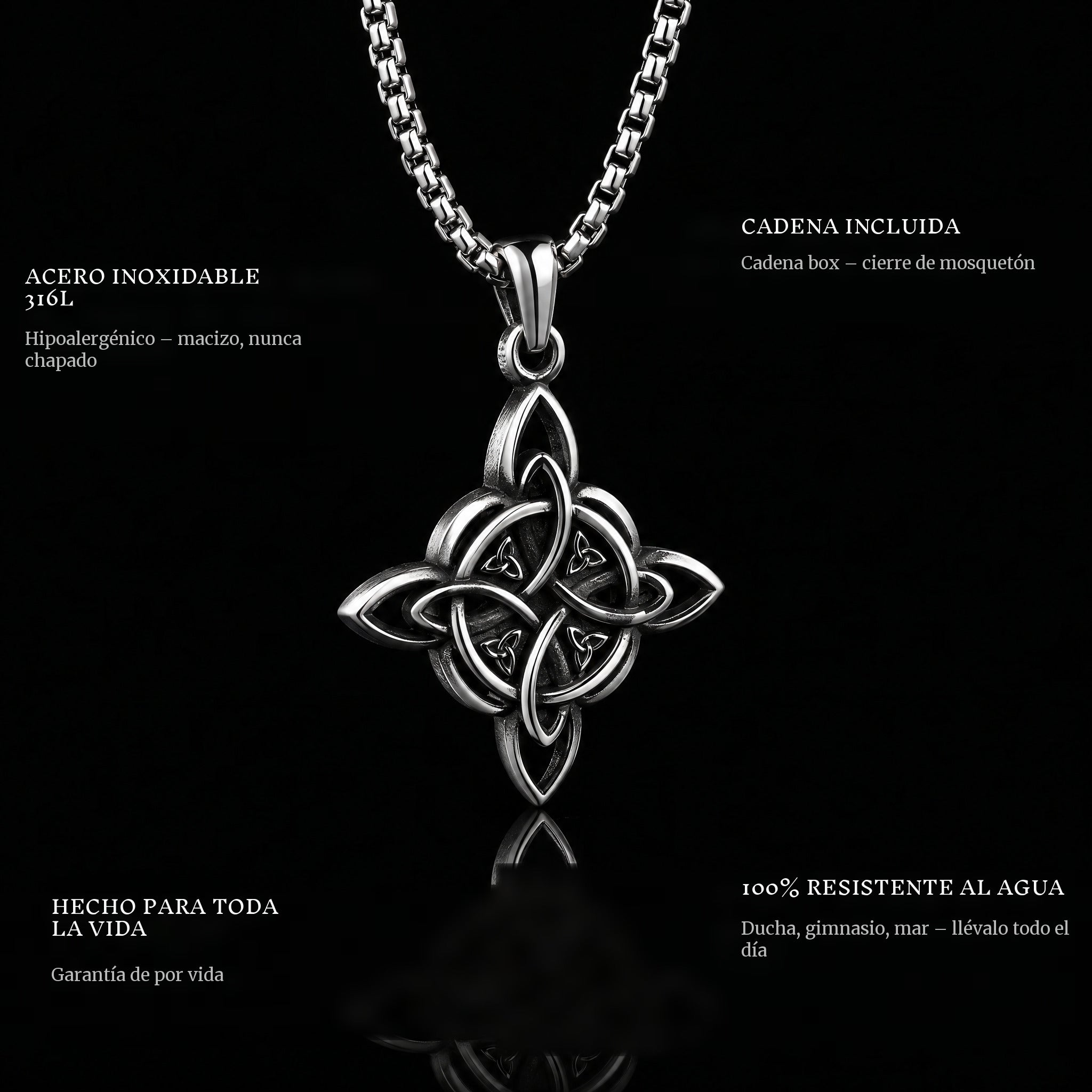 Valknut Cross pendant features: 316L stainless steel, chain included, 100% waterproof, lifetime guarantee