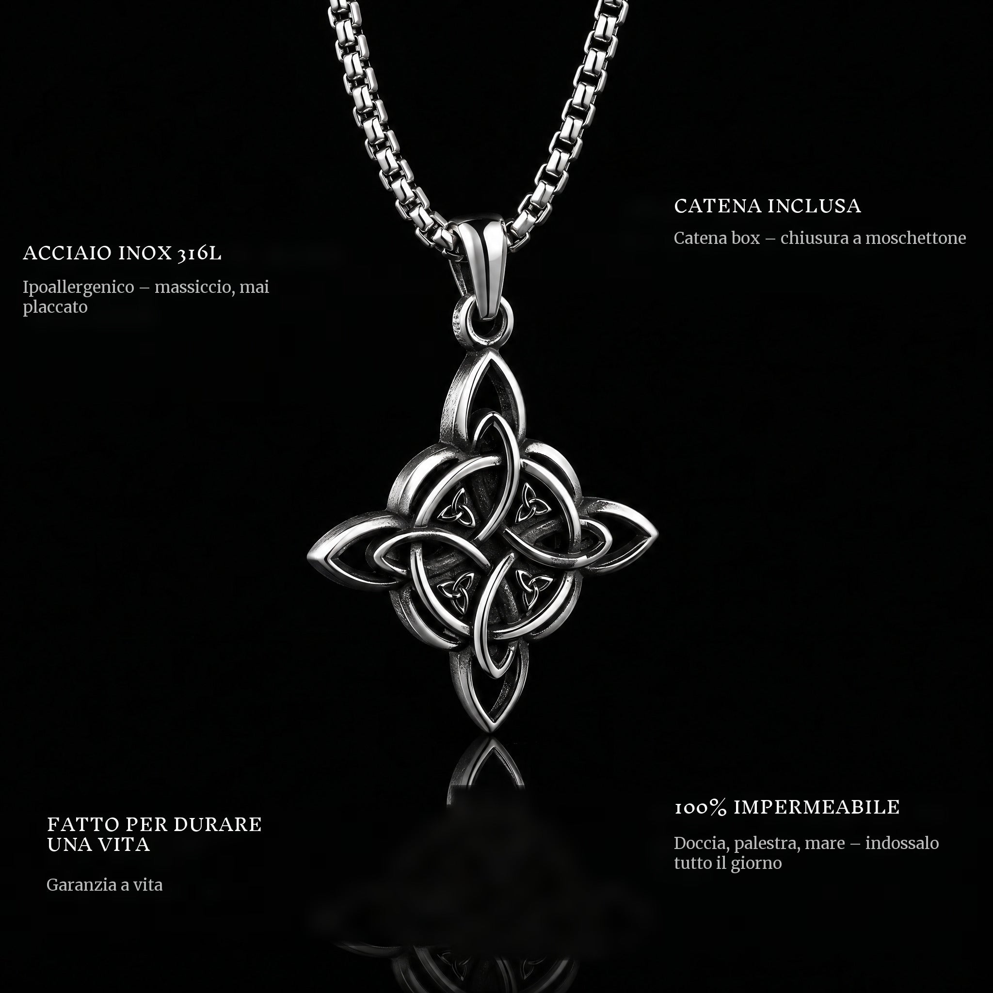 Valknut Cross pendant features: 316L stainless steel, chain included, 100% waterproof, lifetime guarantee