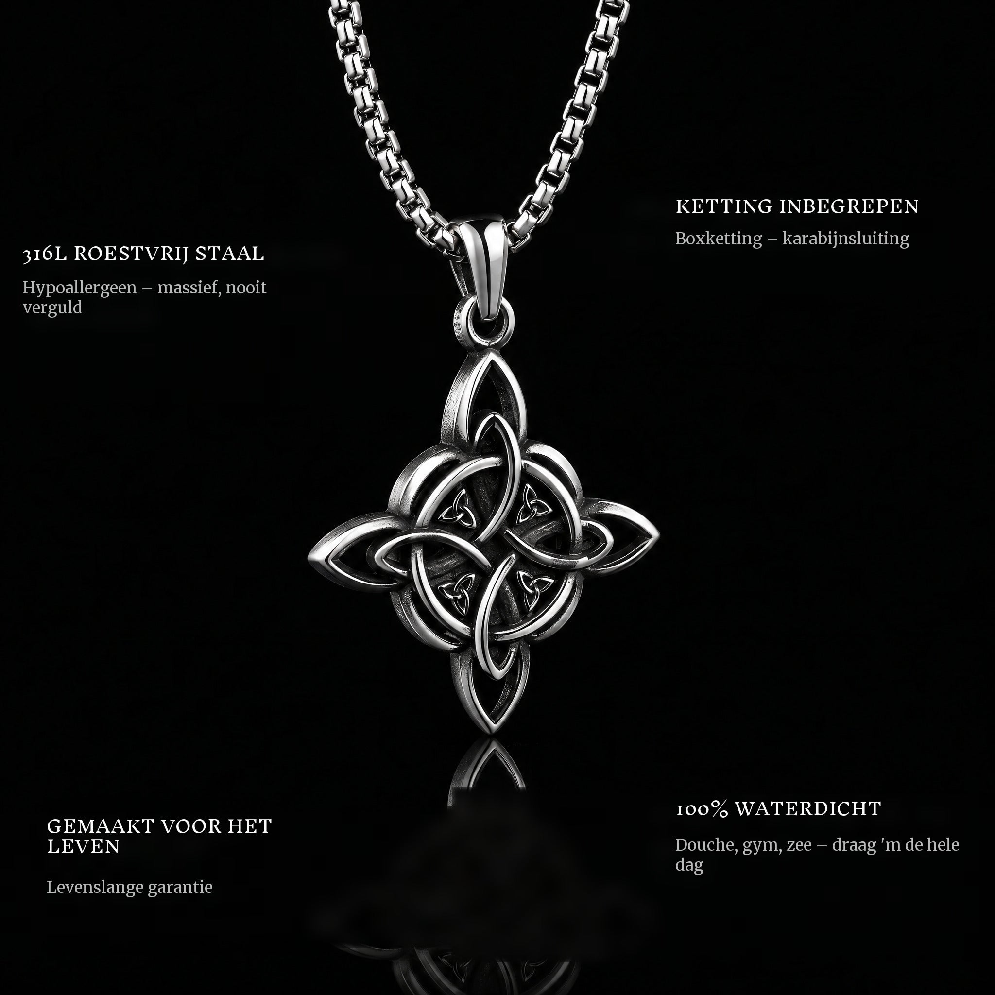 Valknut Cross pendant features: 316L stainless steel, chain included, 100% waterproof, lifetime guarantee