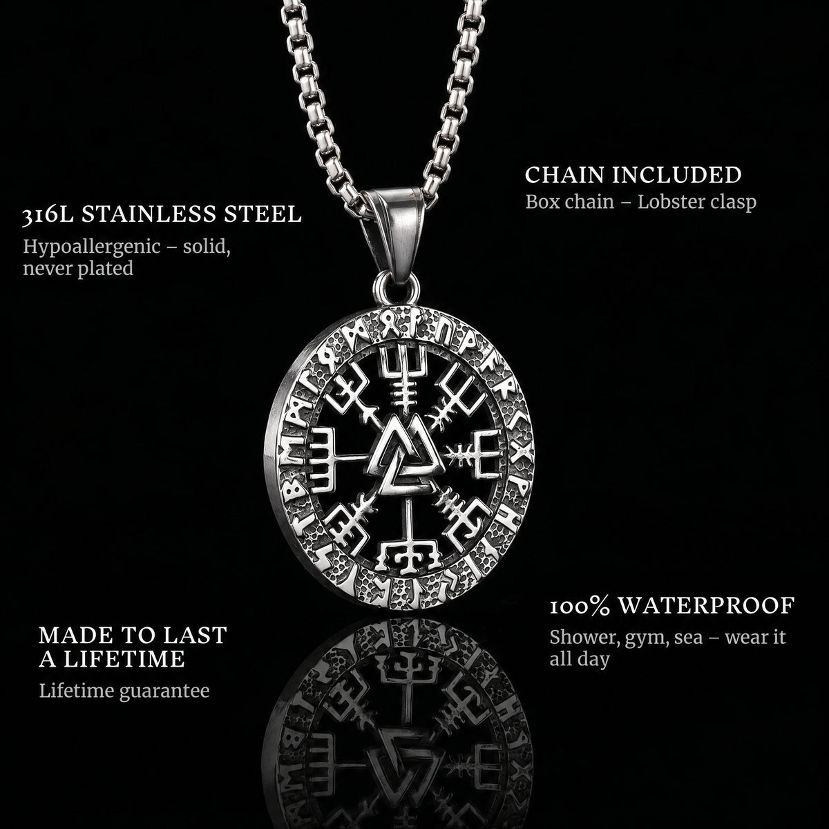 Viking Compass pendant features: 316L stainless steel, chain included, 100% waterproof, lifetime guarantee