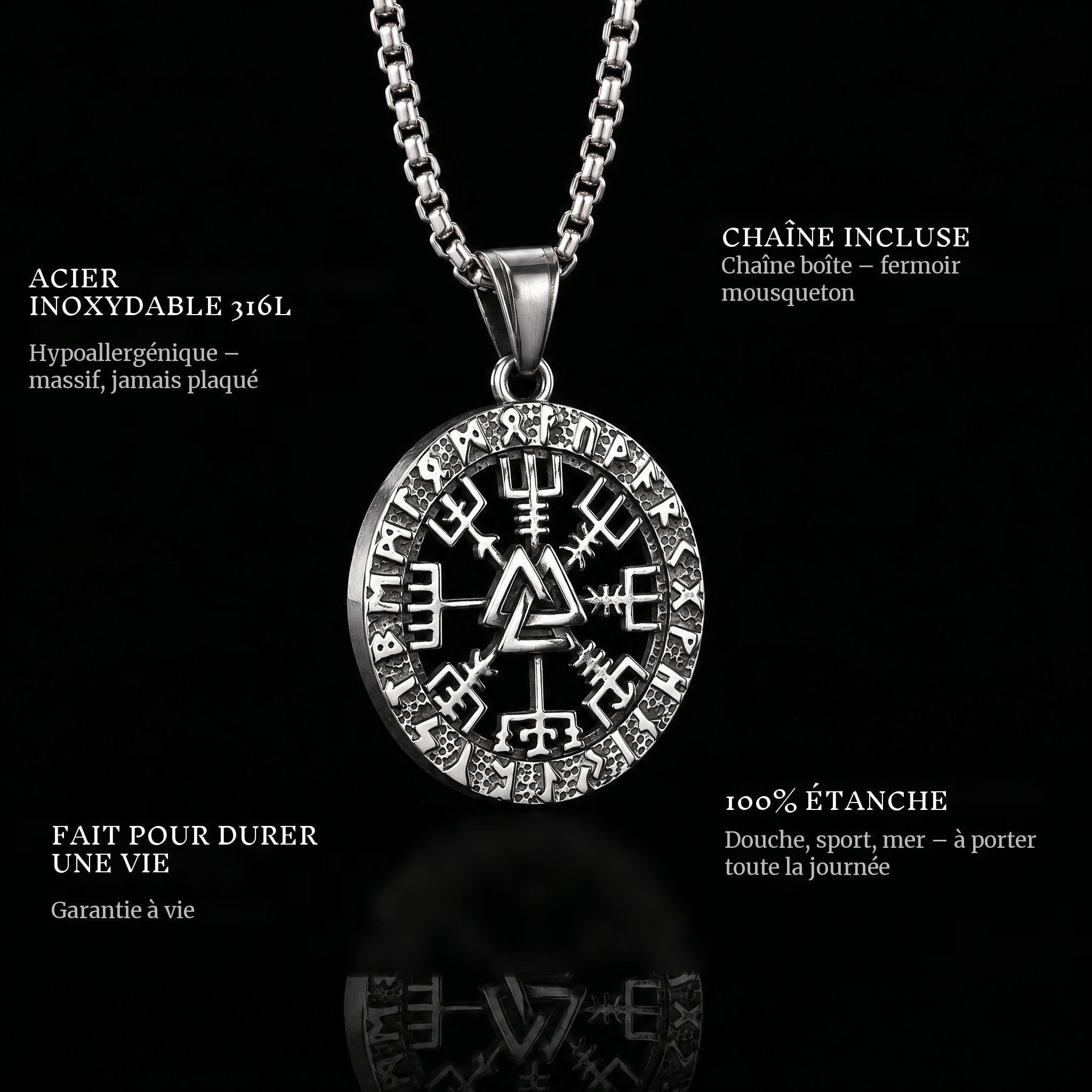 Viking Compass pendant features: 316L stainless steel, chain included, 100% waterproof, lifetime guarantee