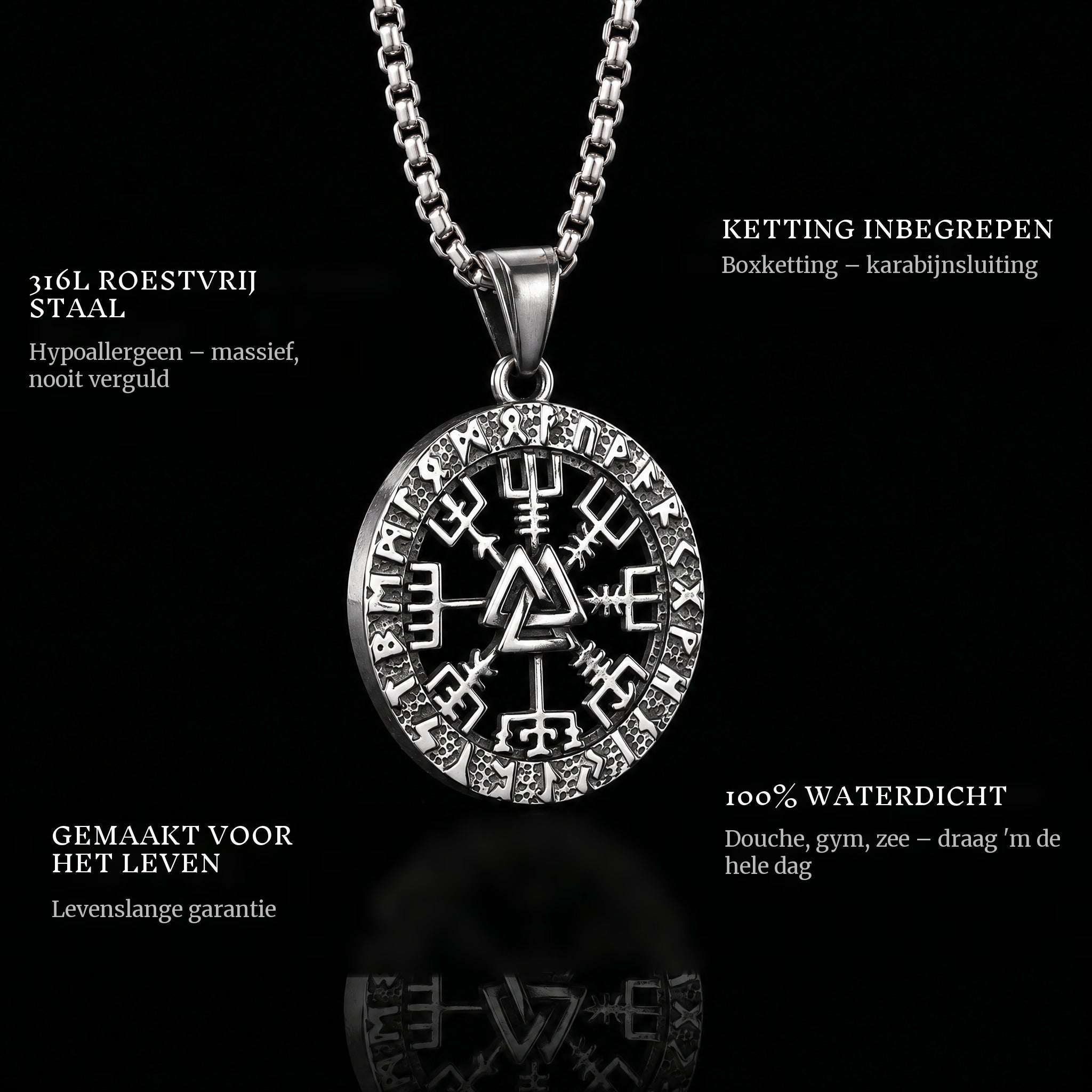Viking Compass pendant features: 316L stainless steel, chain included, 100% waterproof, lifetime guarantee