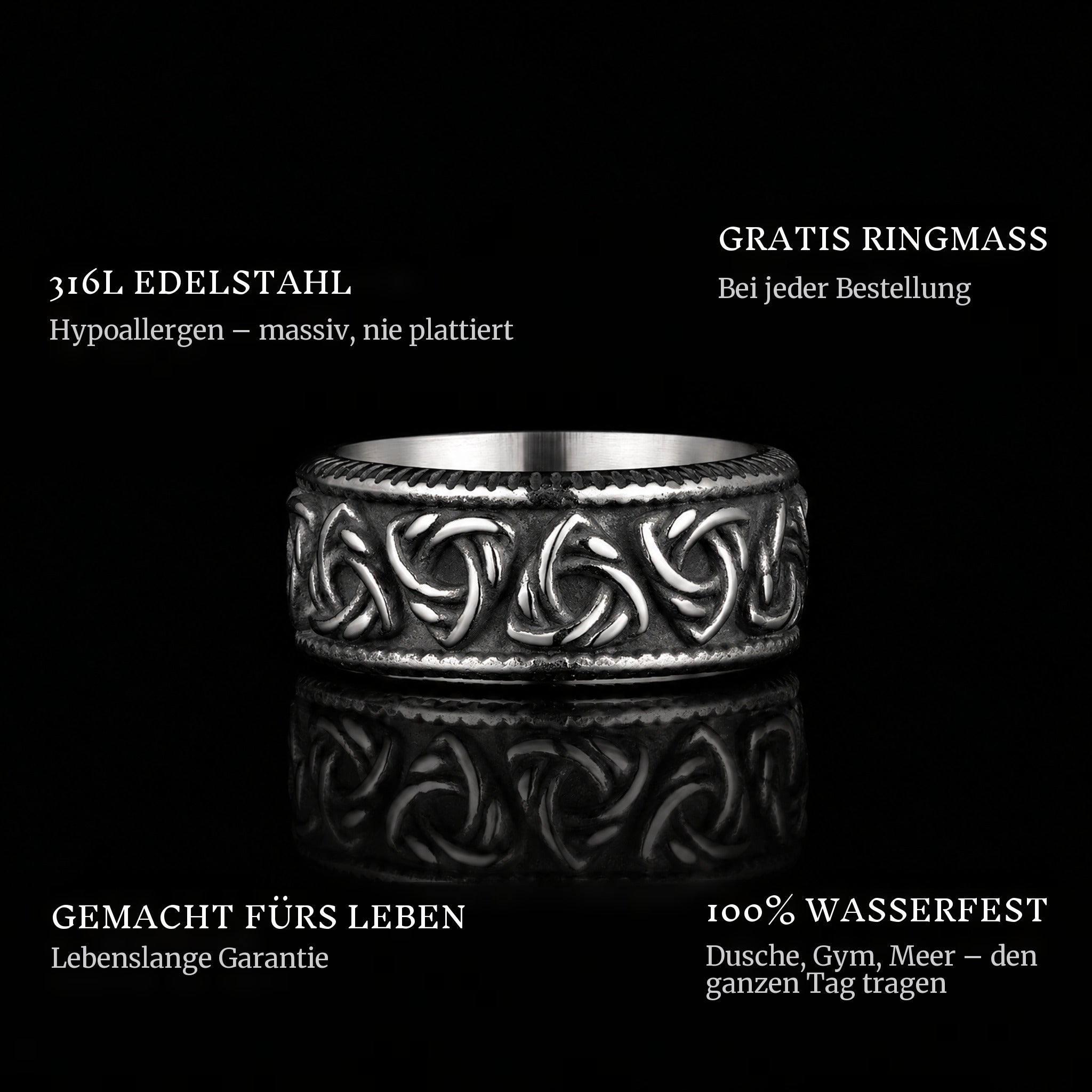Valk Triangles ring features: 316L stainless steel, free ring sizer in every order, 100% waterproof, lifetime guarantee