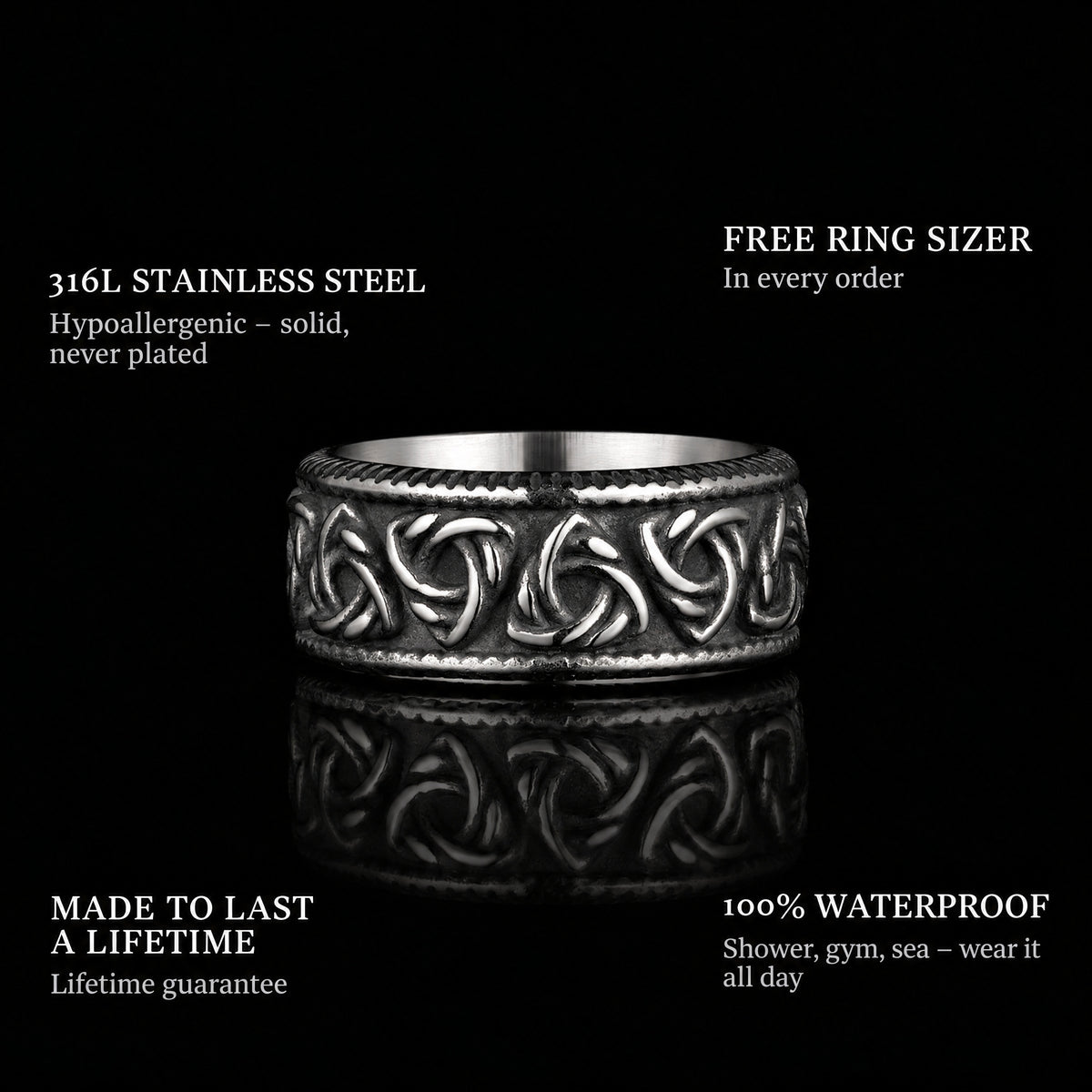 Valk Triangles ring features: 316L stainless steel, free ring sizer in every order, 100% waterproof, lifetime guarantee