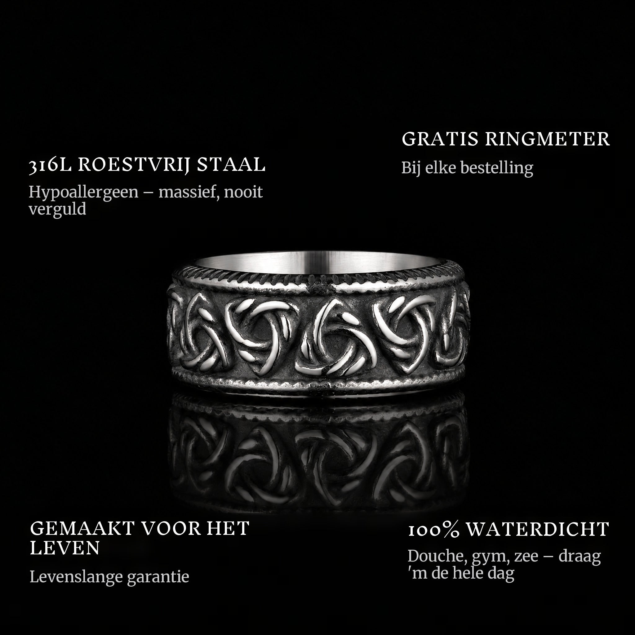 Valk Triangles ring features: 316L stainless steel, free ring sizer in every order, 100% waterproof, lifetime guarantee