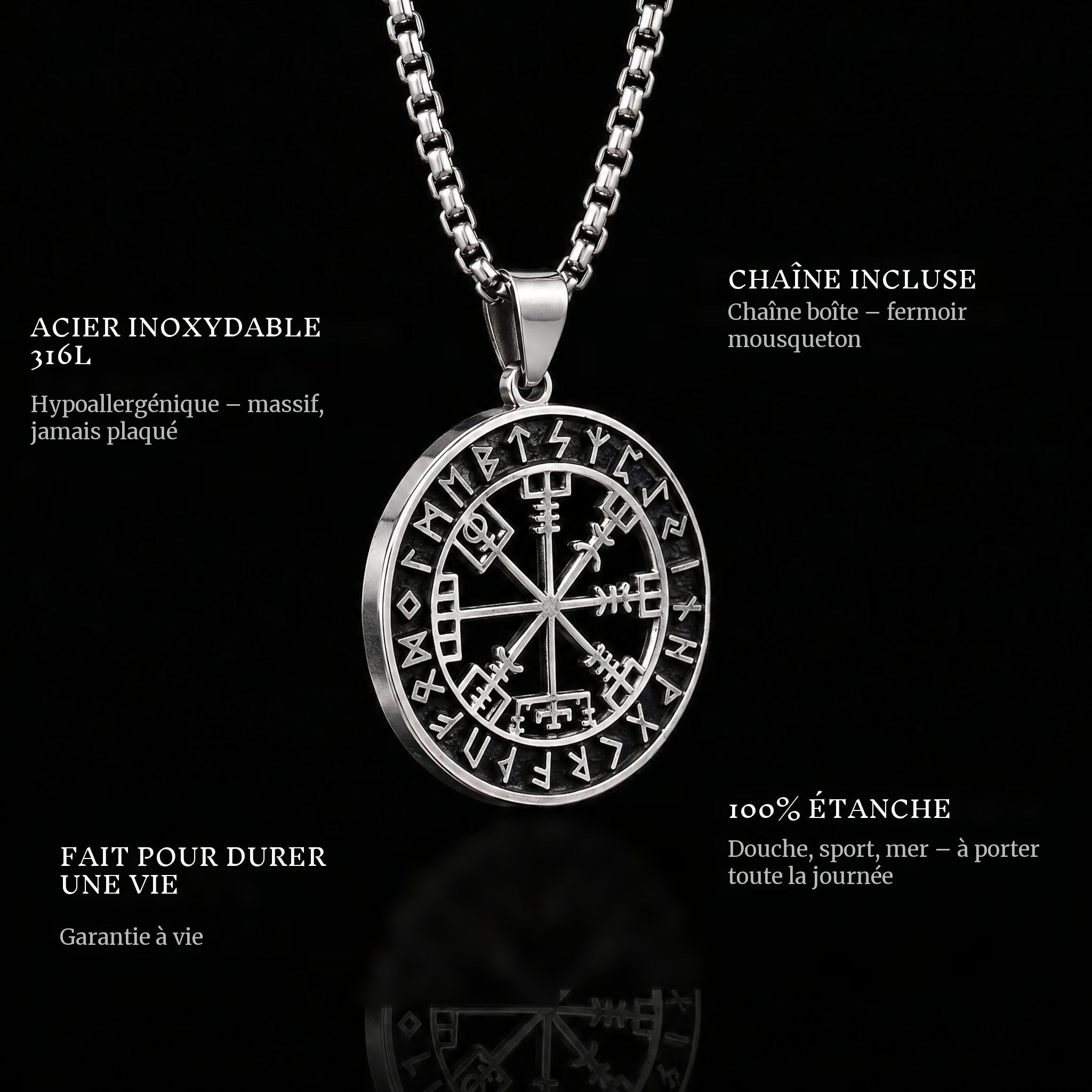 Vegvisir pendant features: 316L stainless steel, chain included, 100% waterproof, lifetime guarantee