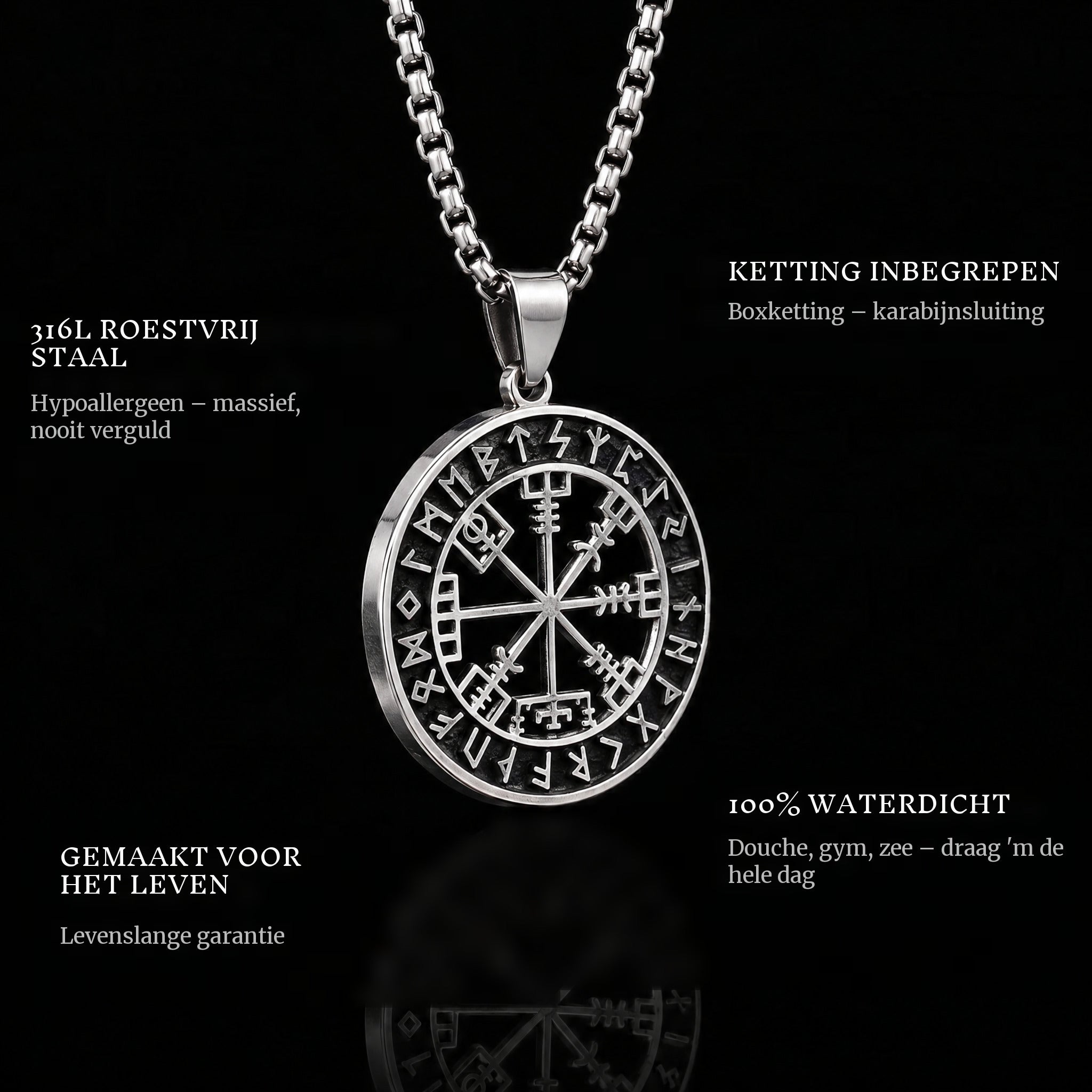 Vegvisir pendant features: 316L stainless steel, chain included, 100% waterproof, lifetime guarantee