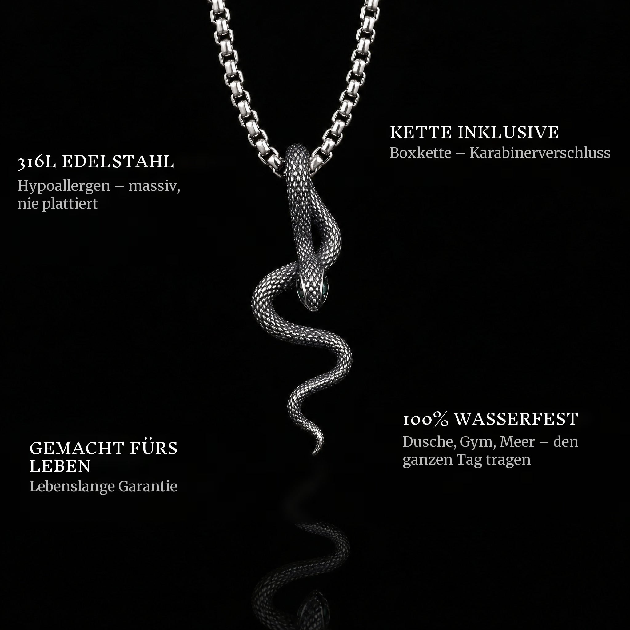 Venomous Grace pendant features: 316L stainless steel, chain included, 100% waterproof, lifetime guarantee