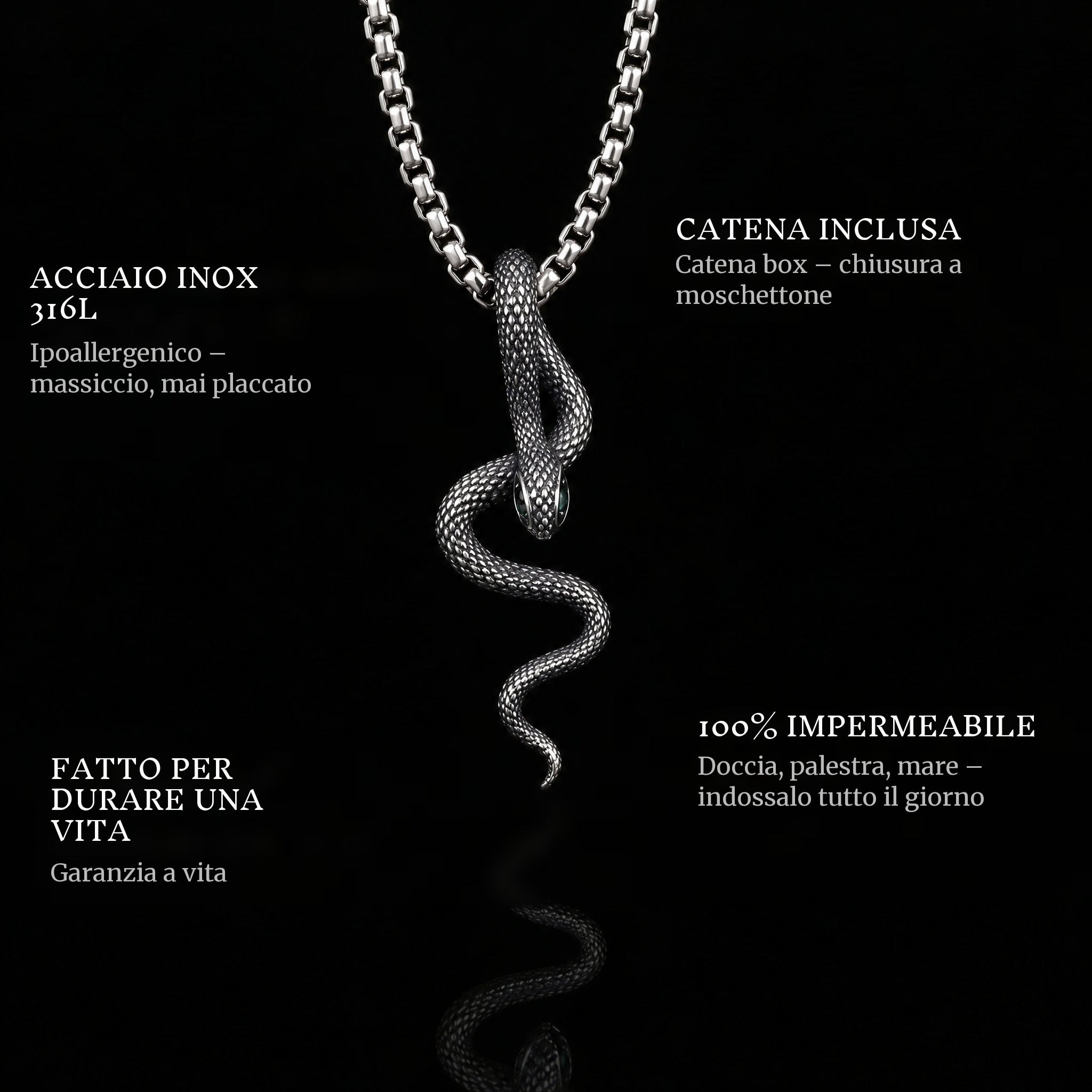 Venomous Grace pendant features: 316L stainless steel, chain included, 100% waterproof, lifetime guarantee