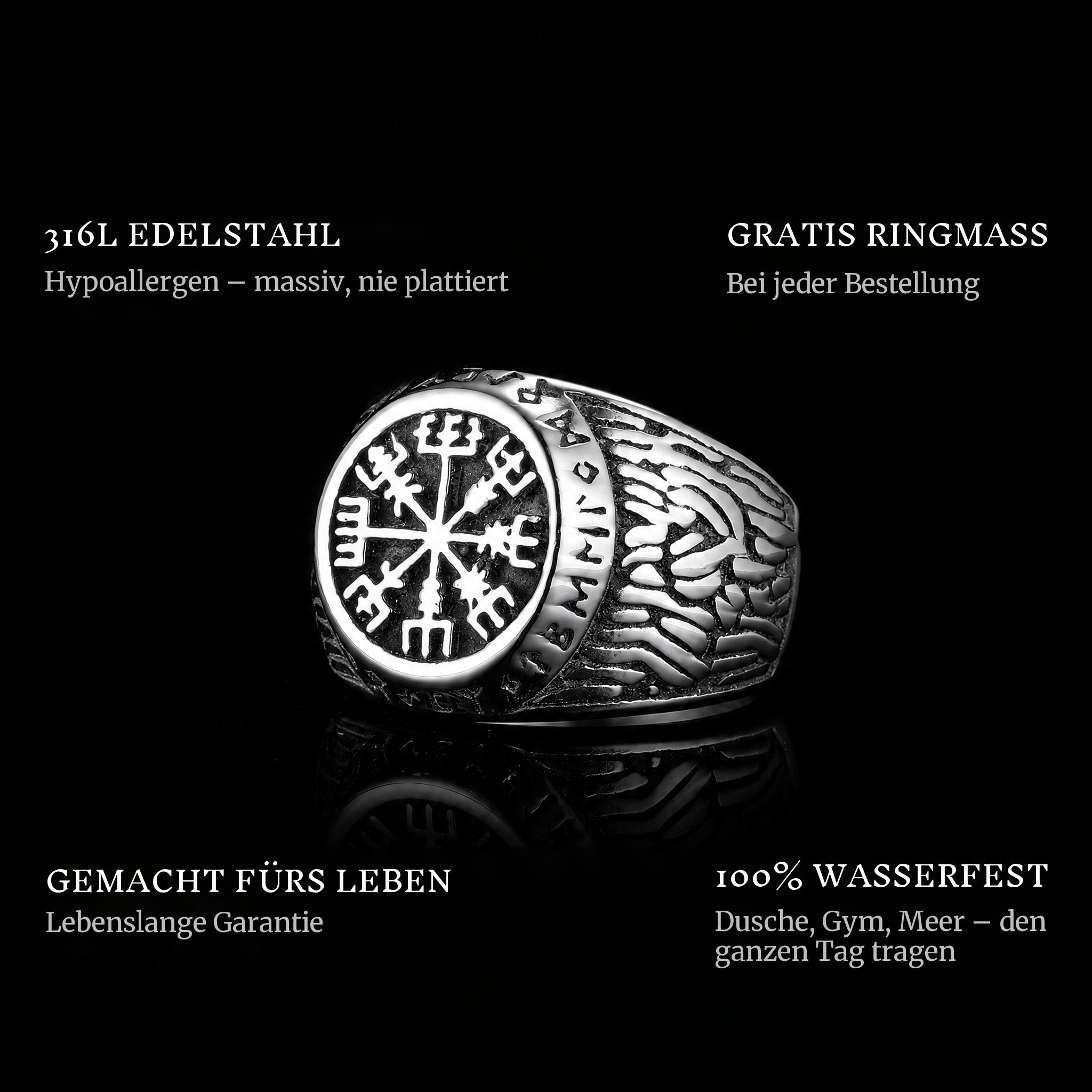 Vikings ring features: 316L stainless steel, free ring sizer in every order, 100% waterproof, lifetime guarantee