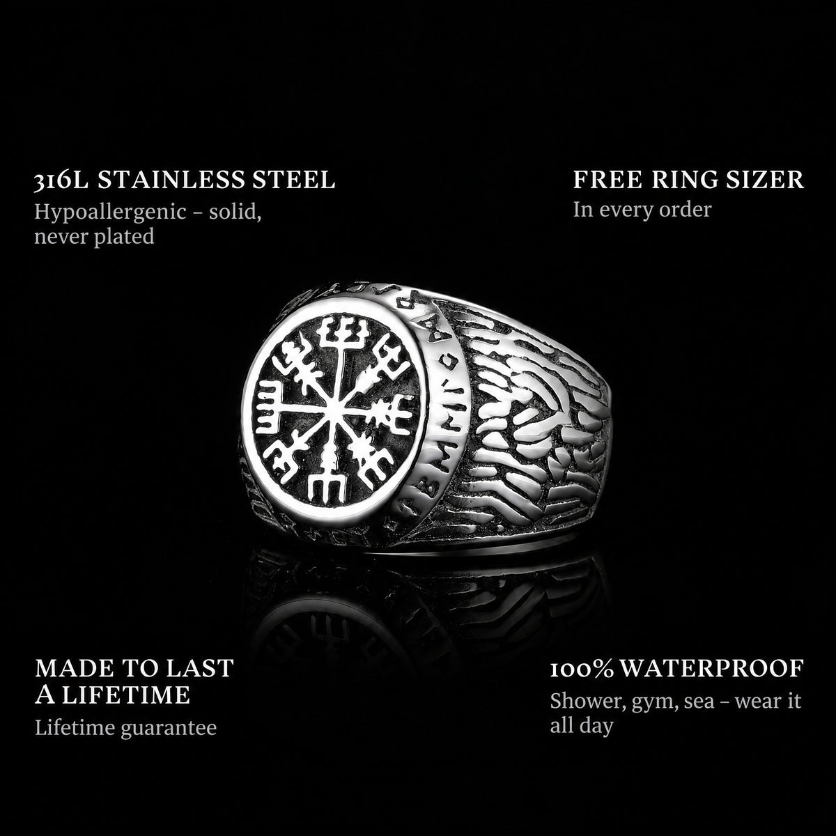 Vikings ring features: 316L stainless steel, free ring sizer in every order, 100% waterproof, lifetime guarantee