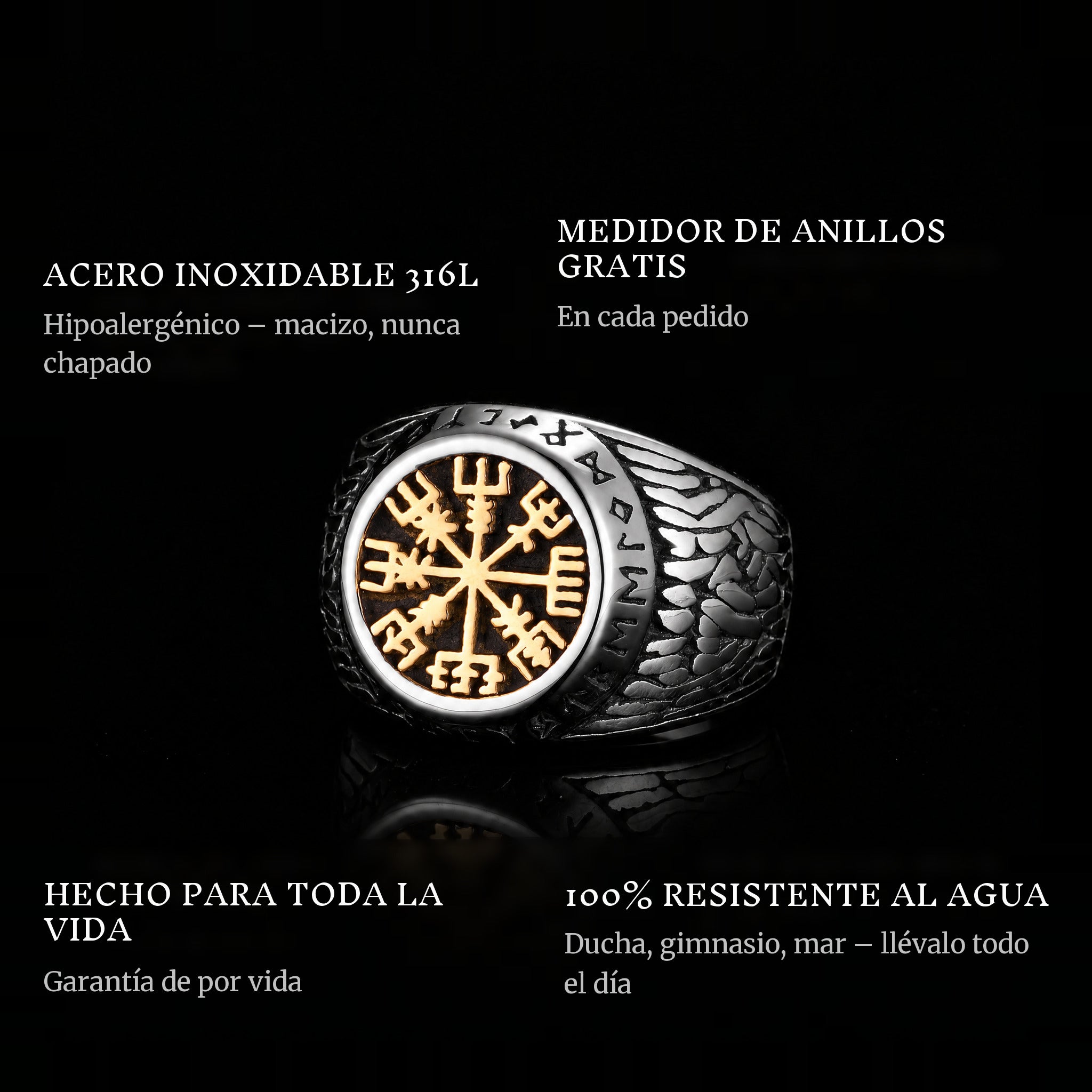 Vikings Gold ring features: 316L stainless steel, free ring sizer in every order, 100% waterproof, lifetime guarantee