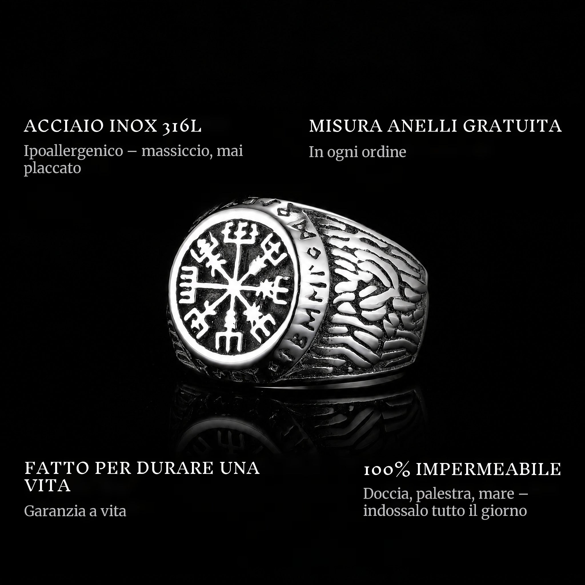Vikings ring features: 316L stainless steel, free ring sizer in every order, 100% waterproof, lifetime guarantee