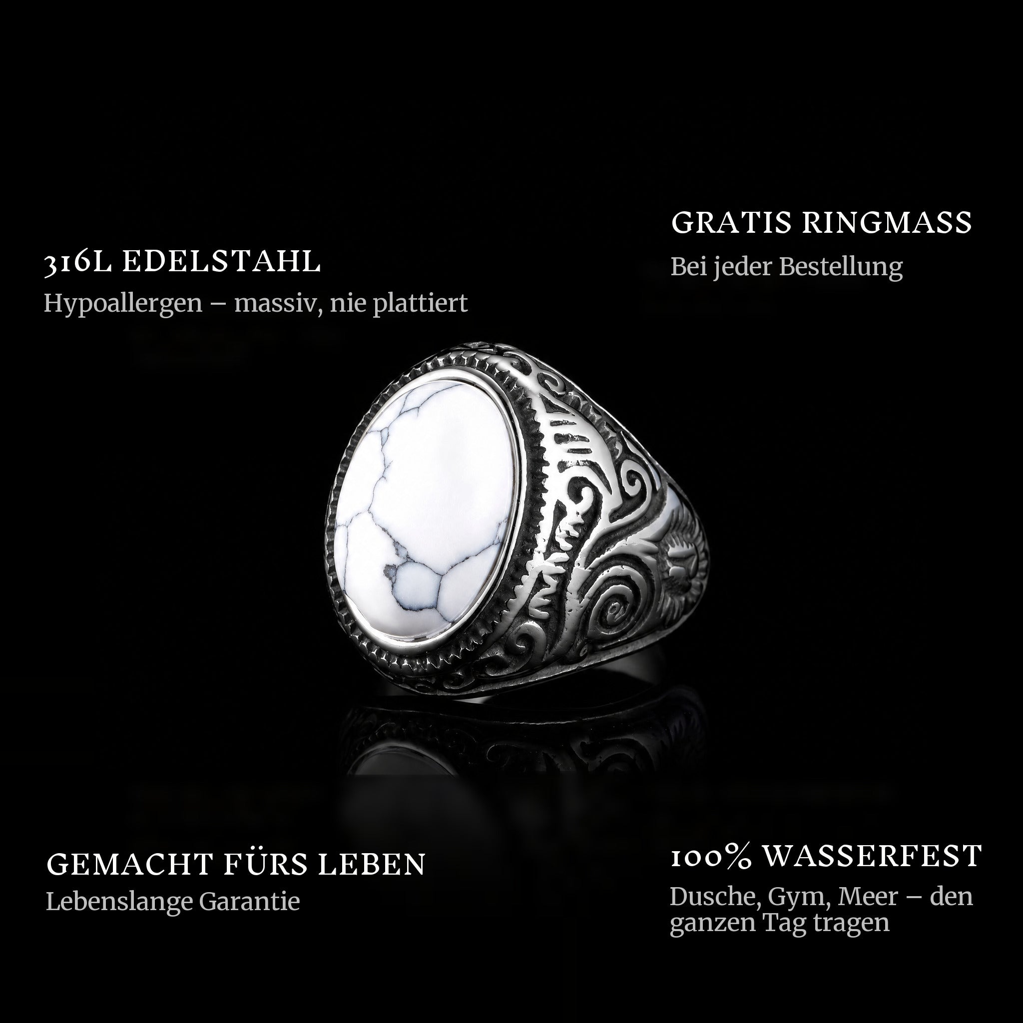 White Eyes ring features: 316L stainless steel, free ring sizer in every order, 100% waterproof, lifetime guarantee