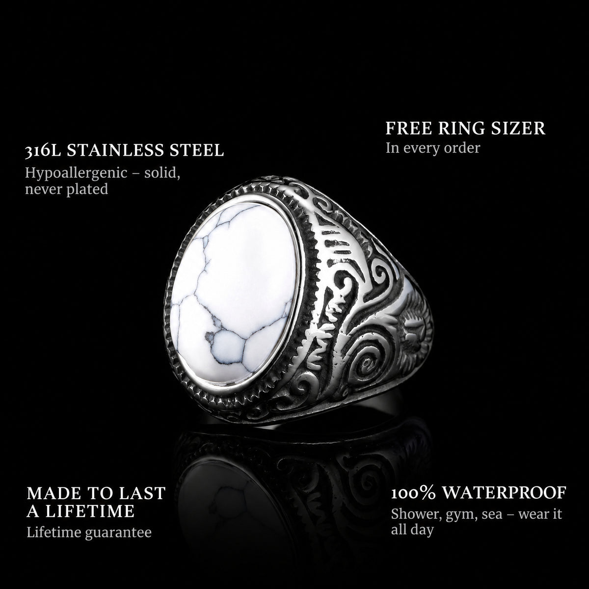 White Eyes ring features: 316L stainless steel, free ring sizer in every order, 100% waterproof, lifetime guarantee