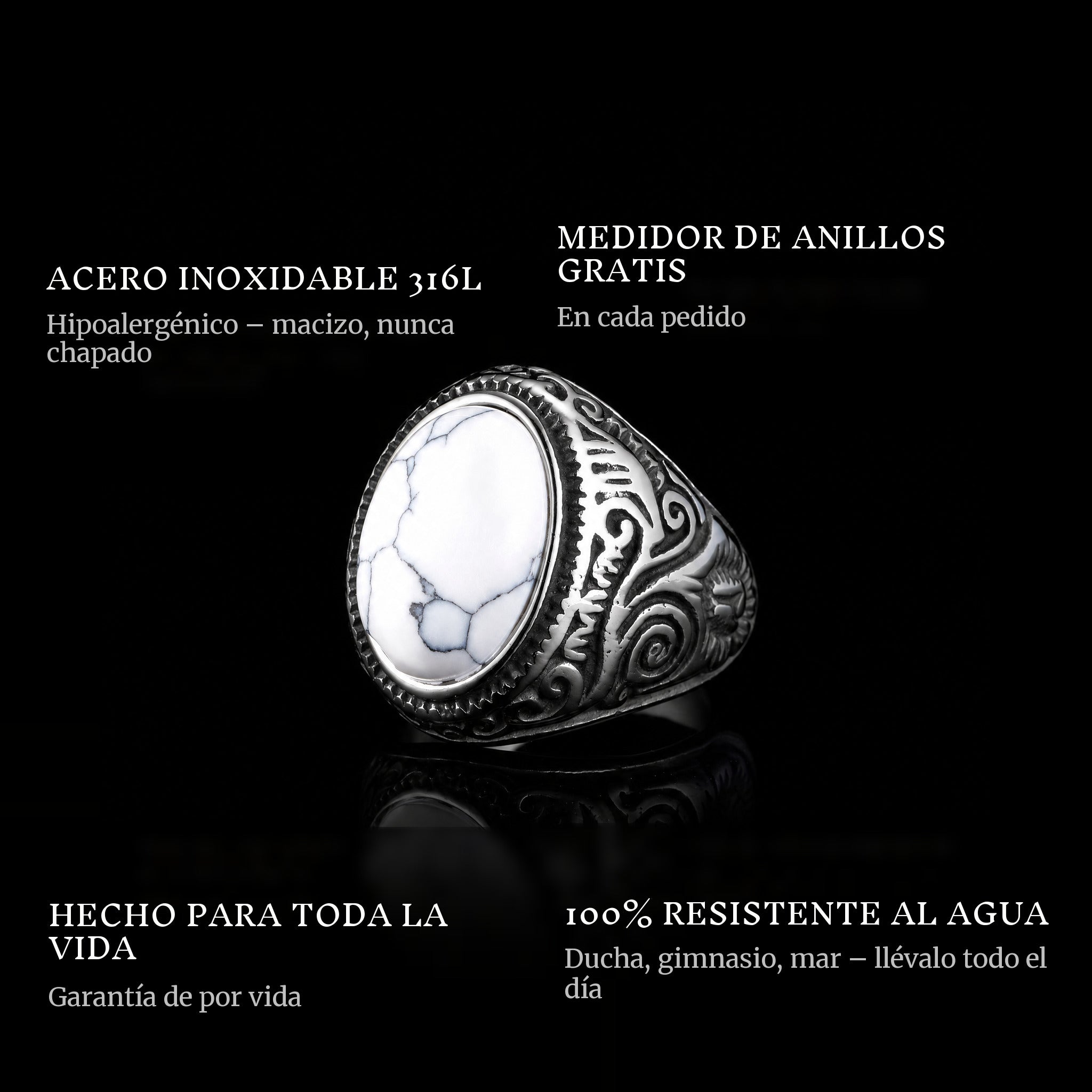White Eyes ring features: 316L stainless steel, free ring sizer in every order, 100% waterproof, lifetime guarantee