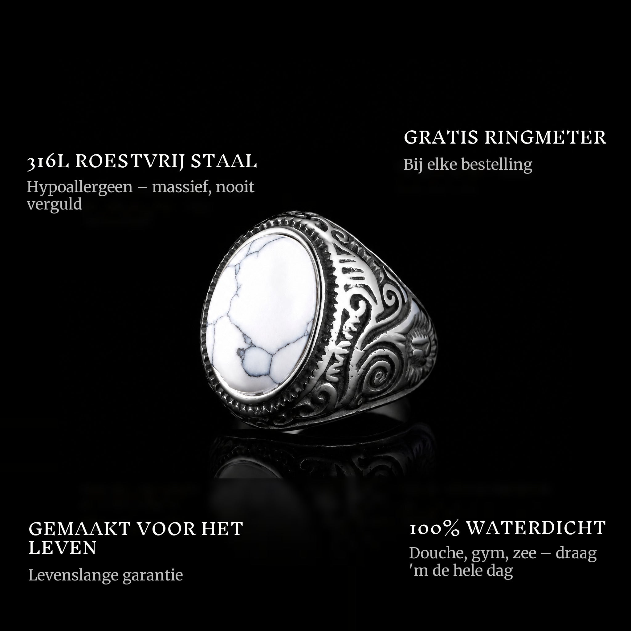 White Eyes ring features: 316L stainless steel, free ring sizer in every order, 100% waterproof, lifetime guarantee