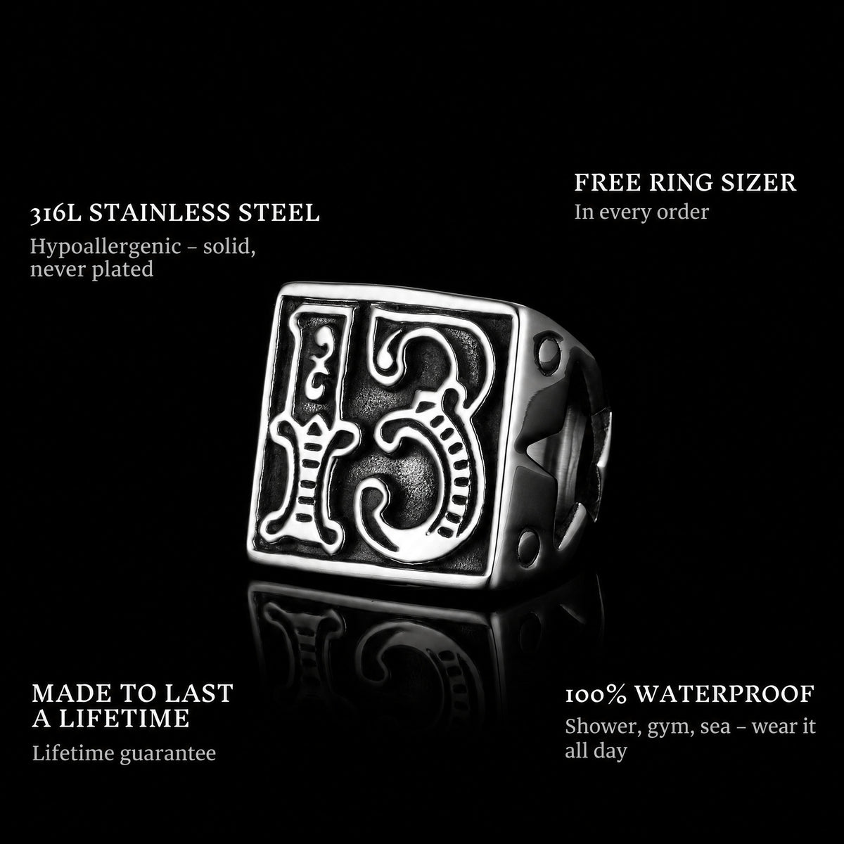 Winner ring features: 316L stainless steel, free ring sizer in every order, 100% waterproof, lifetime guarantee