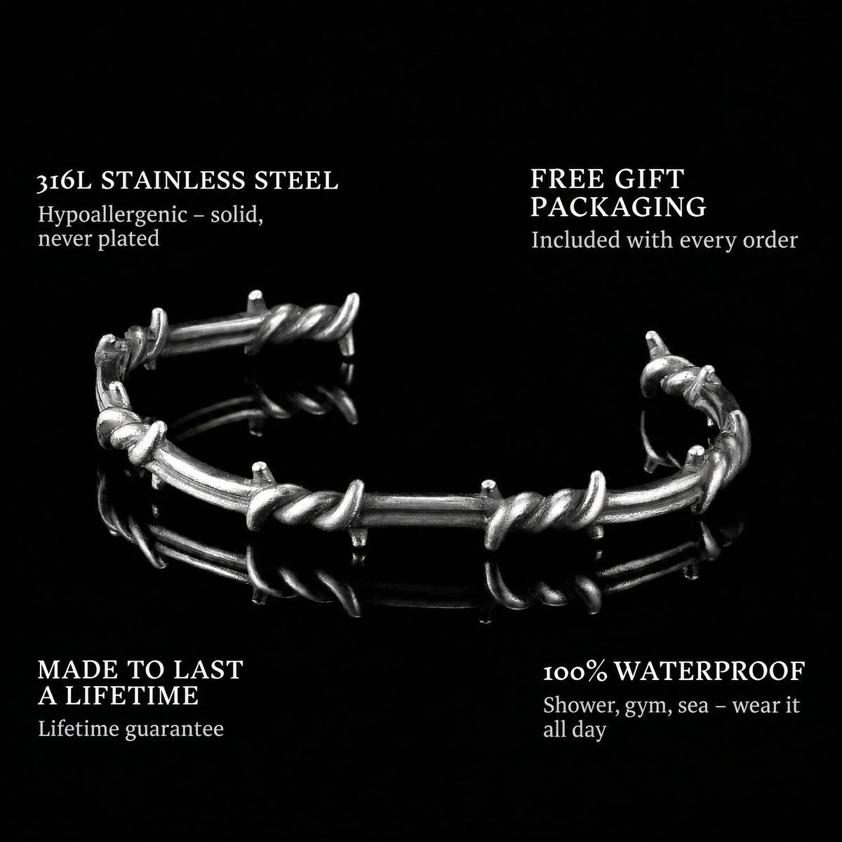 Wired features: 316L stainless steel, free gift packaging, 100% waterproof, lifetime guarantee