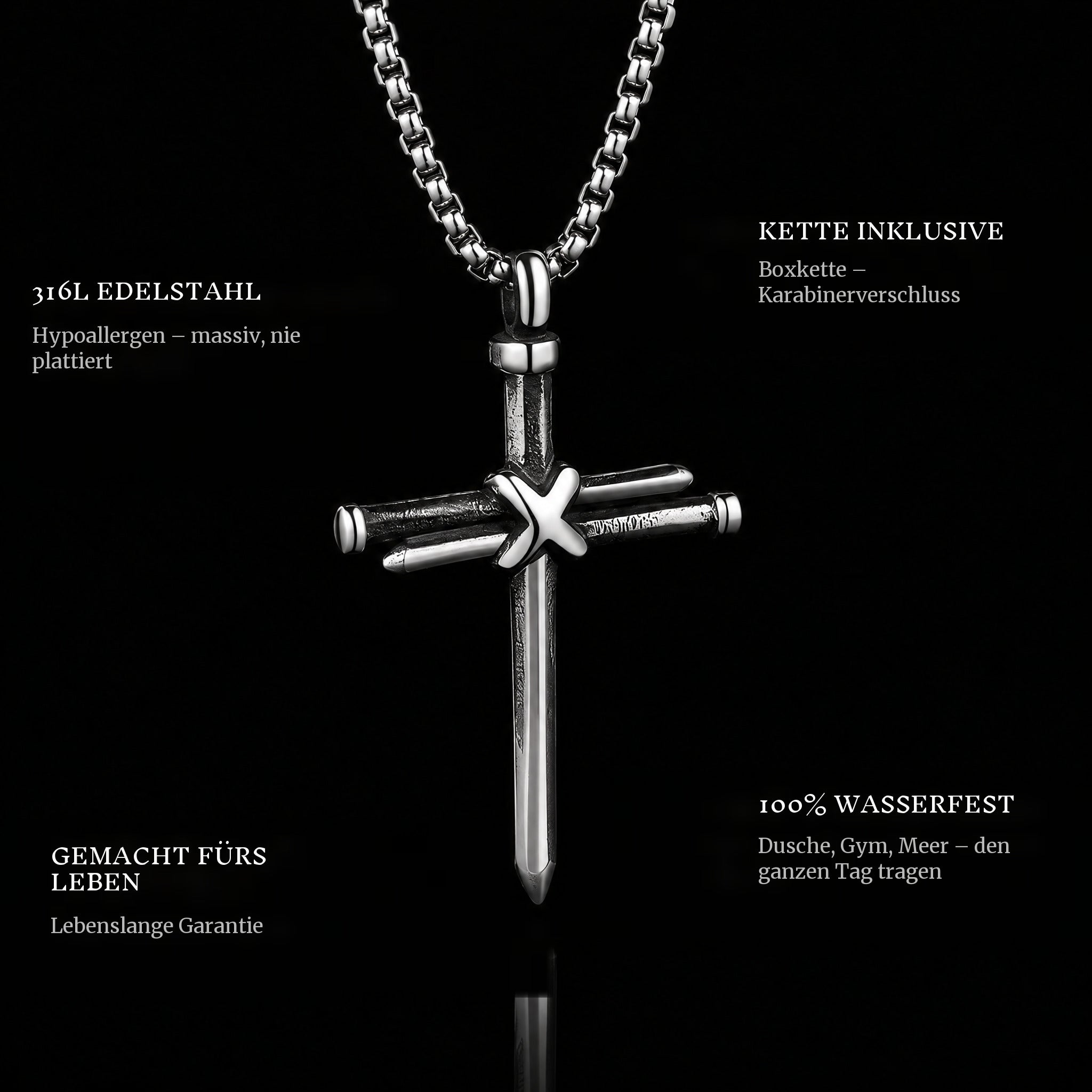 Wooden Cross Ii pendant features: 316L stainless steel, chain included, 100% waterproof, lifetime guarantee