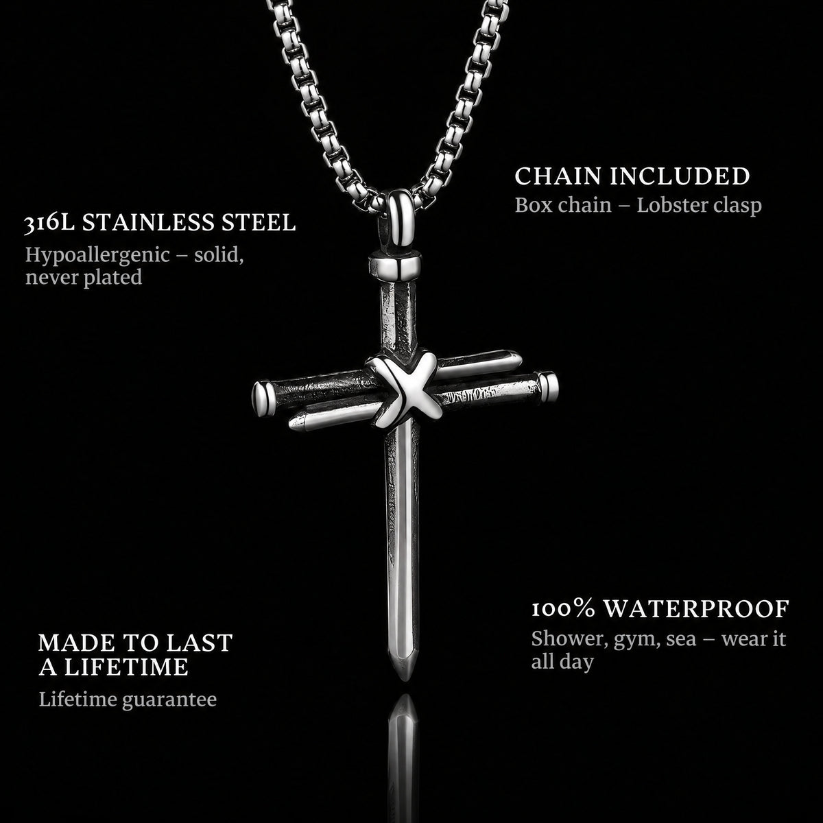 Wooden Cross Ii pendant features: 316L stainless steel, chain included, 100% waterproof, lifetime guarantee