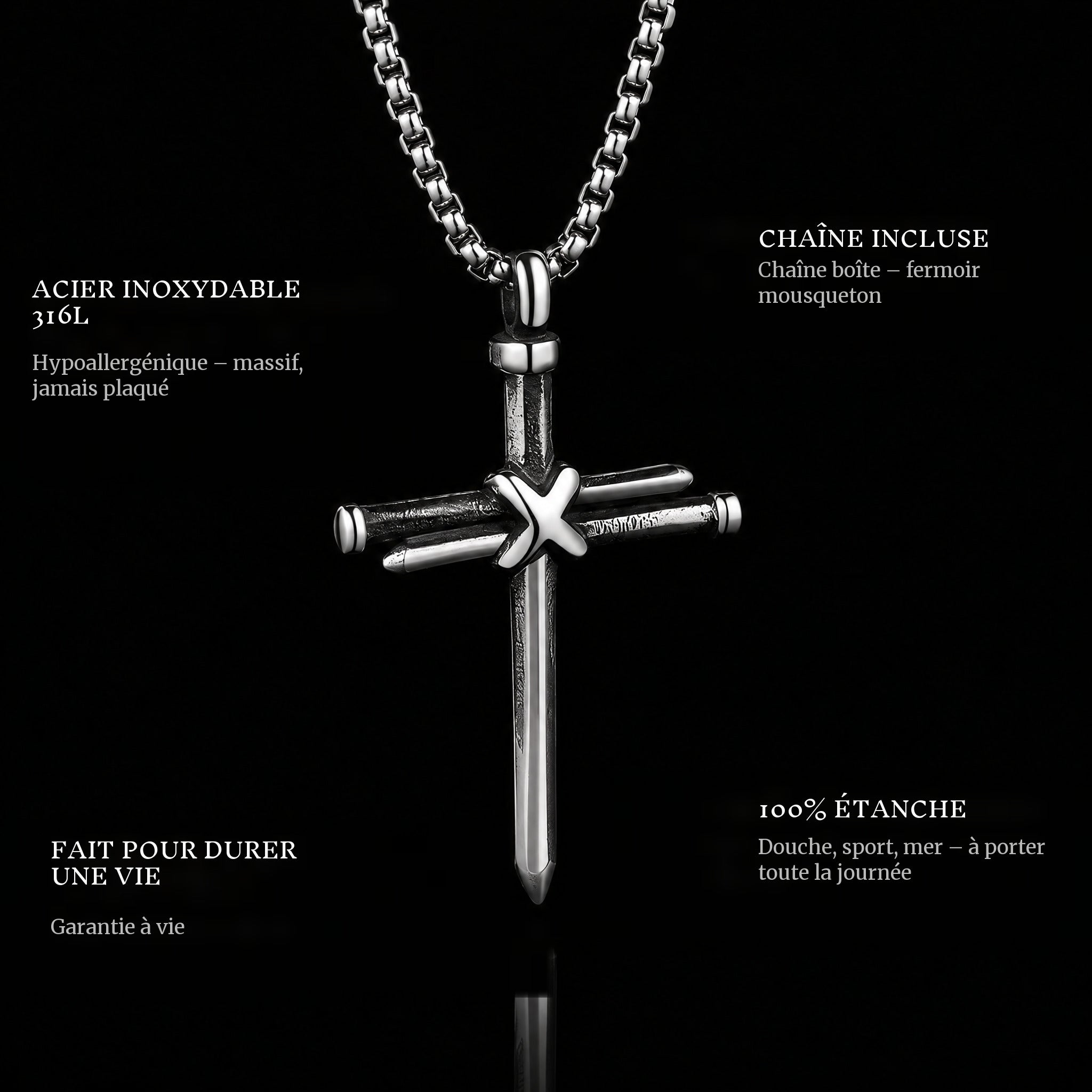 Wooden Cross Ii pendant features: 316L stainless steel, chain included, 100% waterproof, lifetime guarantee