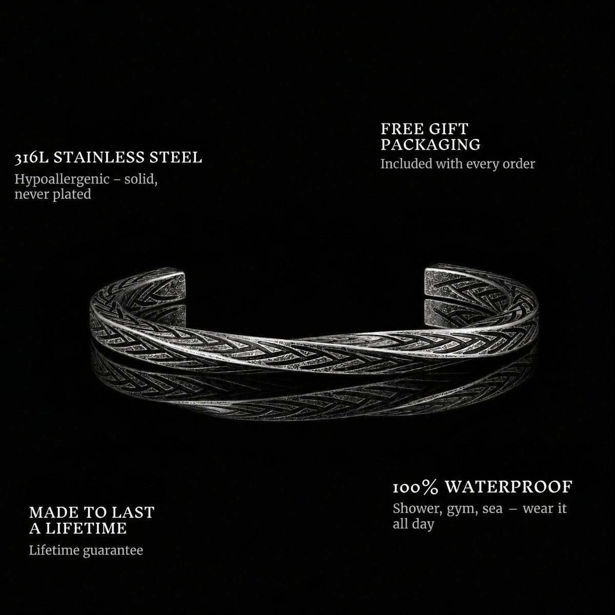 Woven Covenant features: 316L stainless steel, free gift packaging, 100% waterproof, lifetime guarantee